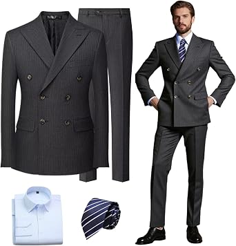 Mens Suit 4 Piece Striped Double Breasted Slim Fit Tuxedo Blazer Pants Shirt Tie Business Wedding Prom Party Dinner Date