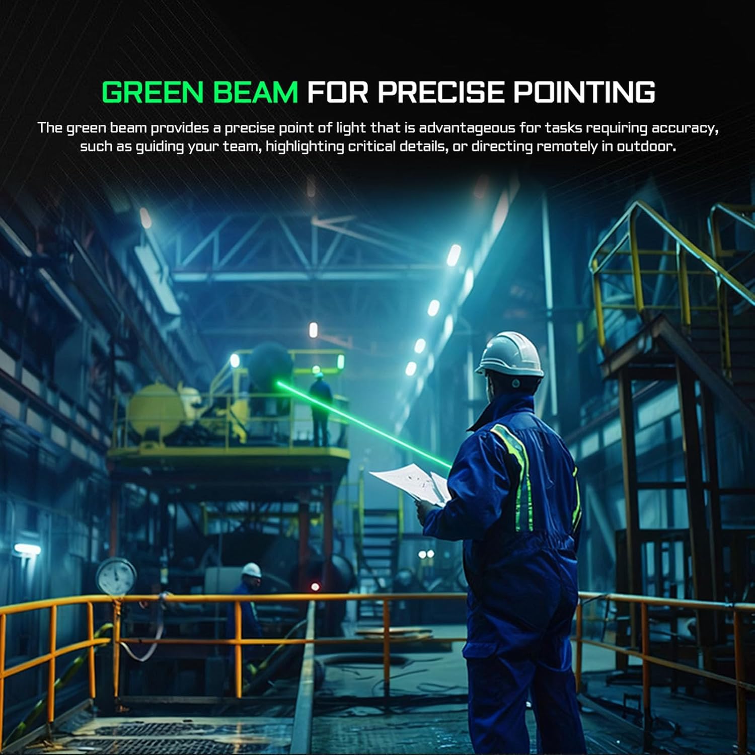 Industrial workers using the ACEBEAM UC25's green beam for precise pointing and communication in a large facility.