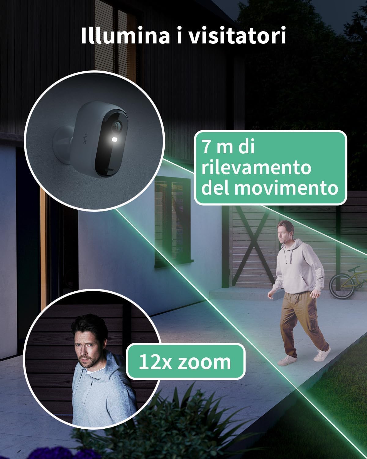 Arlo Essential 2 2K, Telecamera WiFi da Esterno Senza Fili, 6 mesi di autonomia, Visione Notturna a Colori, Illuminazione, Sirena, Audio Bidirezionale, 1 Telecamera Bianca