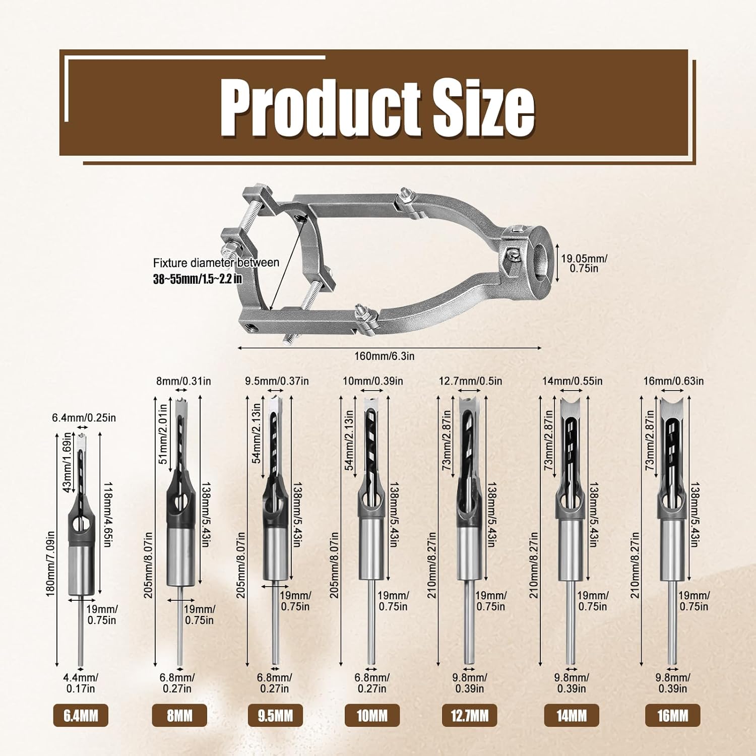 Square Hole Drill Bit & Adapter Set,Wood Mortiser Drill Bit Attachment,Mortising Chisel Set Drill Press Hollow Chisel Mortise Drill Tool for Mortise Machine (1/4, 5/16, 3/8, 2/5, 1/2, 9/16, 5/8")