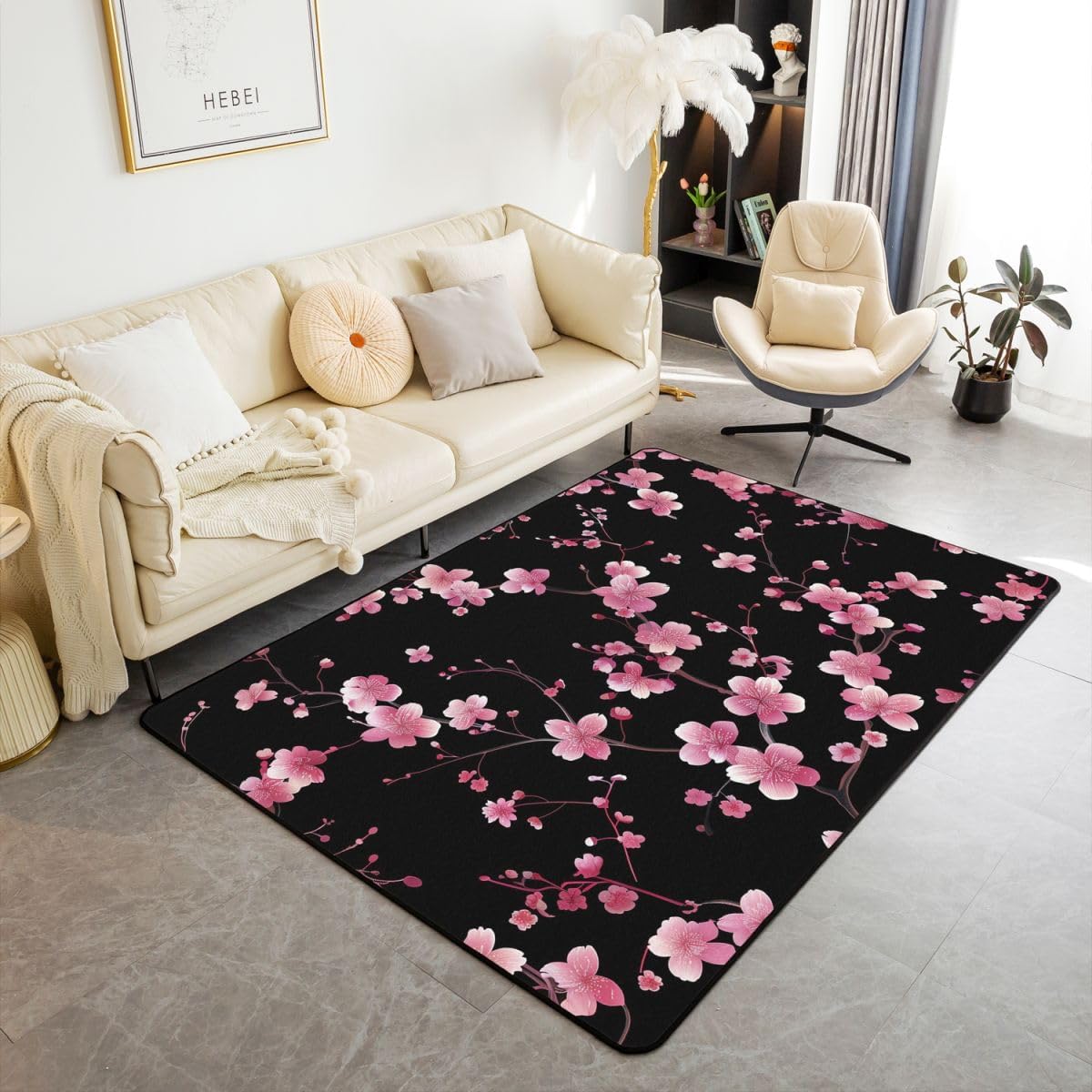 Erosebridal Retro 70S Theme Non Slip Rugs 5x7 for Bedroom Cherry Blossoms Area Rug Botanical Floral Carpet Non Shedding Natural Botanical Aesthetic Decorative Washable Rug