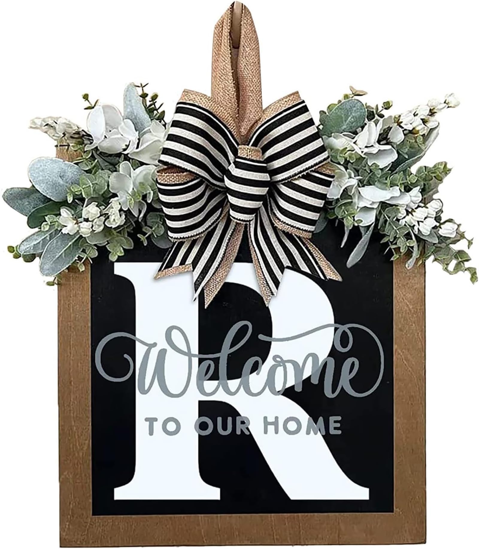 2023 New Last Name Year Round Front Door Wreath Front Porch Decoration 26 Letter Welcome Sign with Eucalyptus Garland and Bow Spring Wreaths for Front Door Outside Hanger Garland (R)