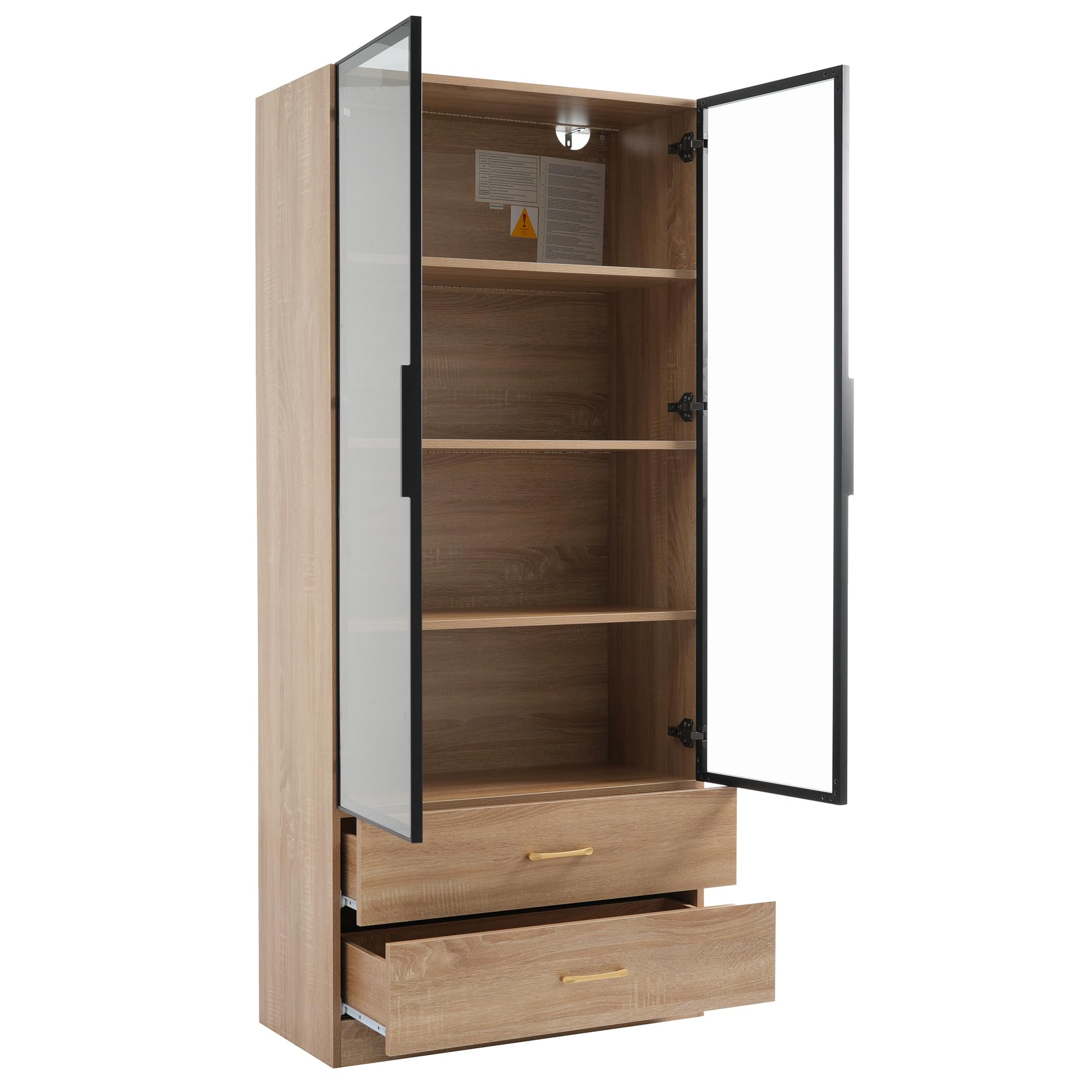 Merax Vitrine de rangement pour salon, salle de bain avec LED, 75 cm de large, 2 tiroirs, 2 portes, porte en verre, design moderne pour salle de bain, bureau, couloir - Couleur bois