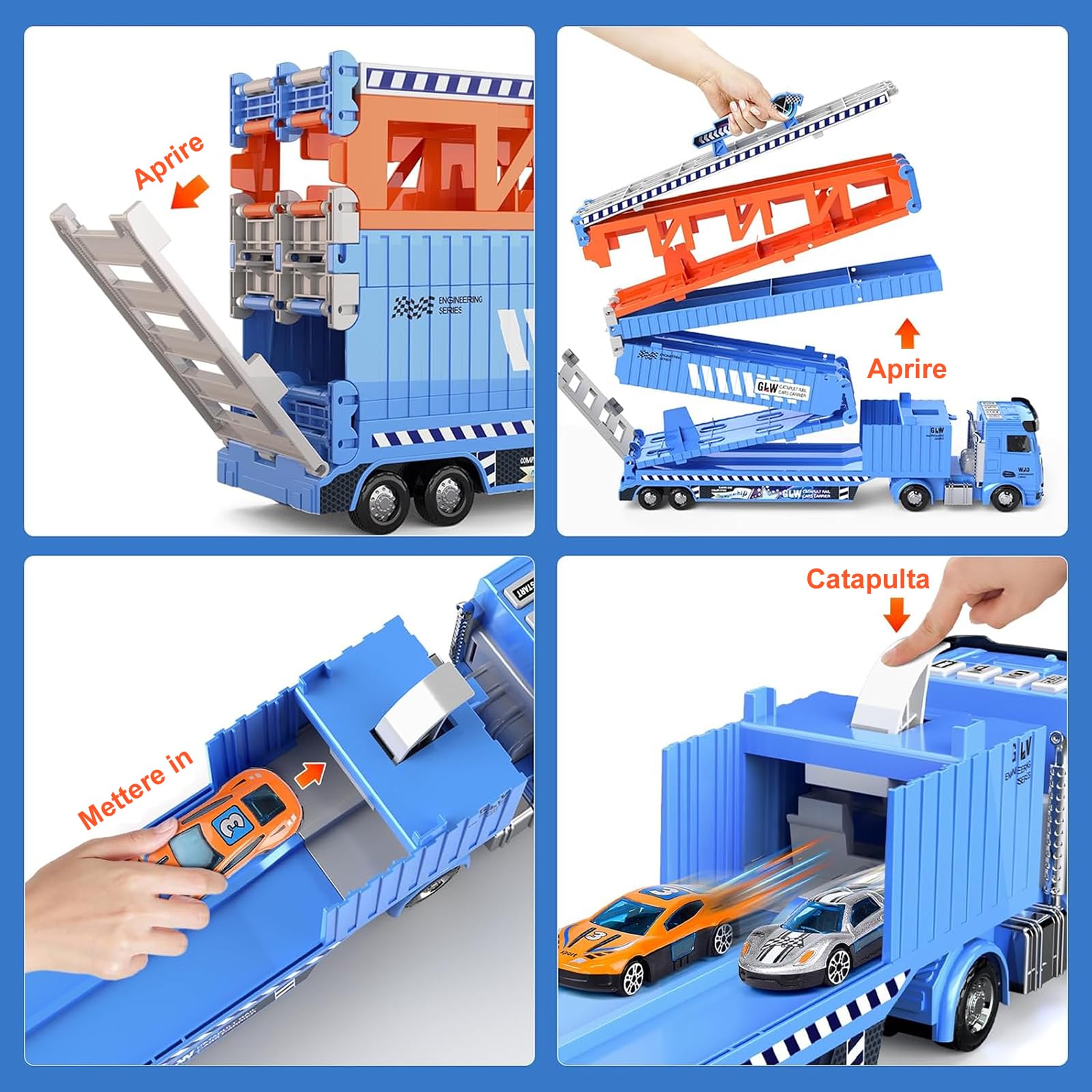 Camion Giocattolo per bambini, 201cm Pista da Trasporto Pieghevole Auto Eiettabile e 8 Auto da Corsa in Metallo, camion Porta Macchinine con Luci e Suoni, Regali per Bambini di 3 4 5 6+ Anni