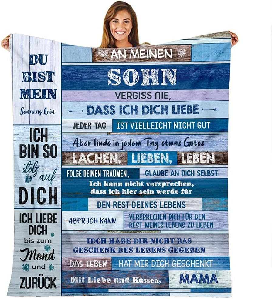 Blanket with German Letters, Gift for Son, Soft Polyester Fiber Flannel Blanket, Warm Moments for Family, 130 x 150 cm