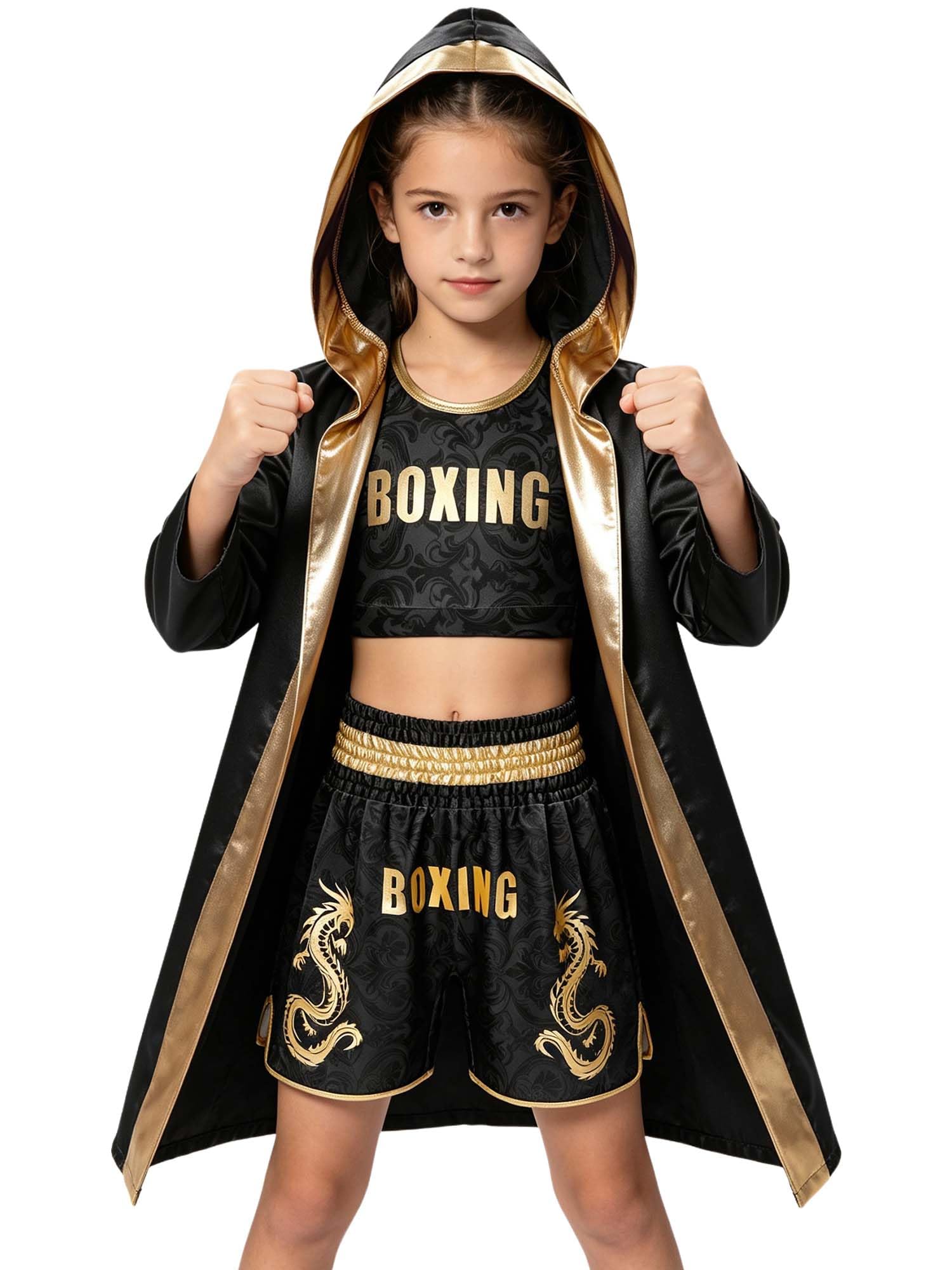 Linjinx Bambini Maglietta Boxe Bambino Costume Pugile Abbigliamento Set Mma Nero 11-12 anni