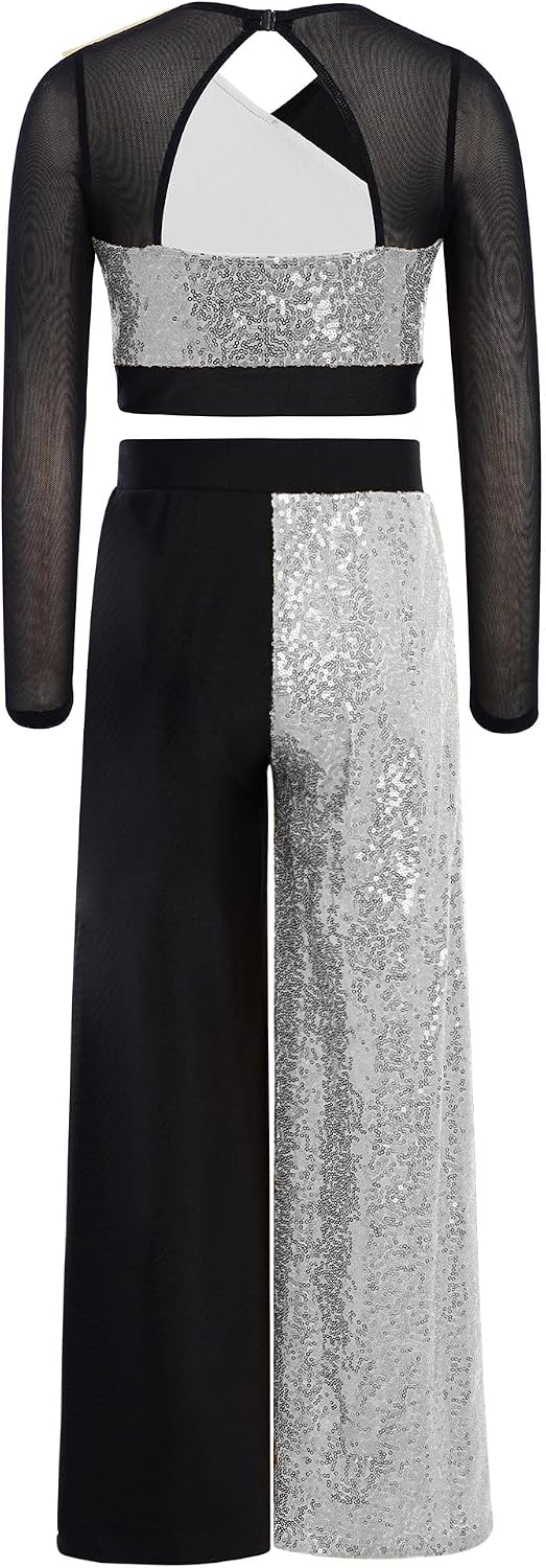 Hansber Sequins Dance Outfit for Girls Color Block Hip Hop Dancewear Long Sleeve V Neck Gymnastic Shirts with Pants