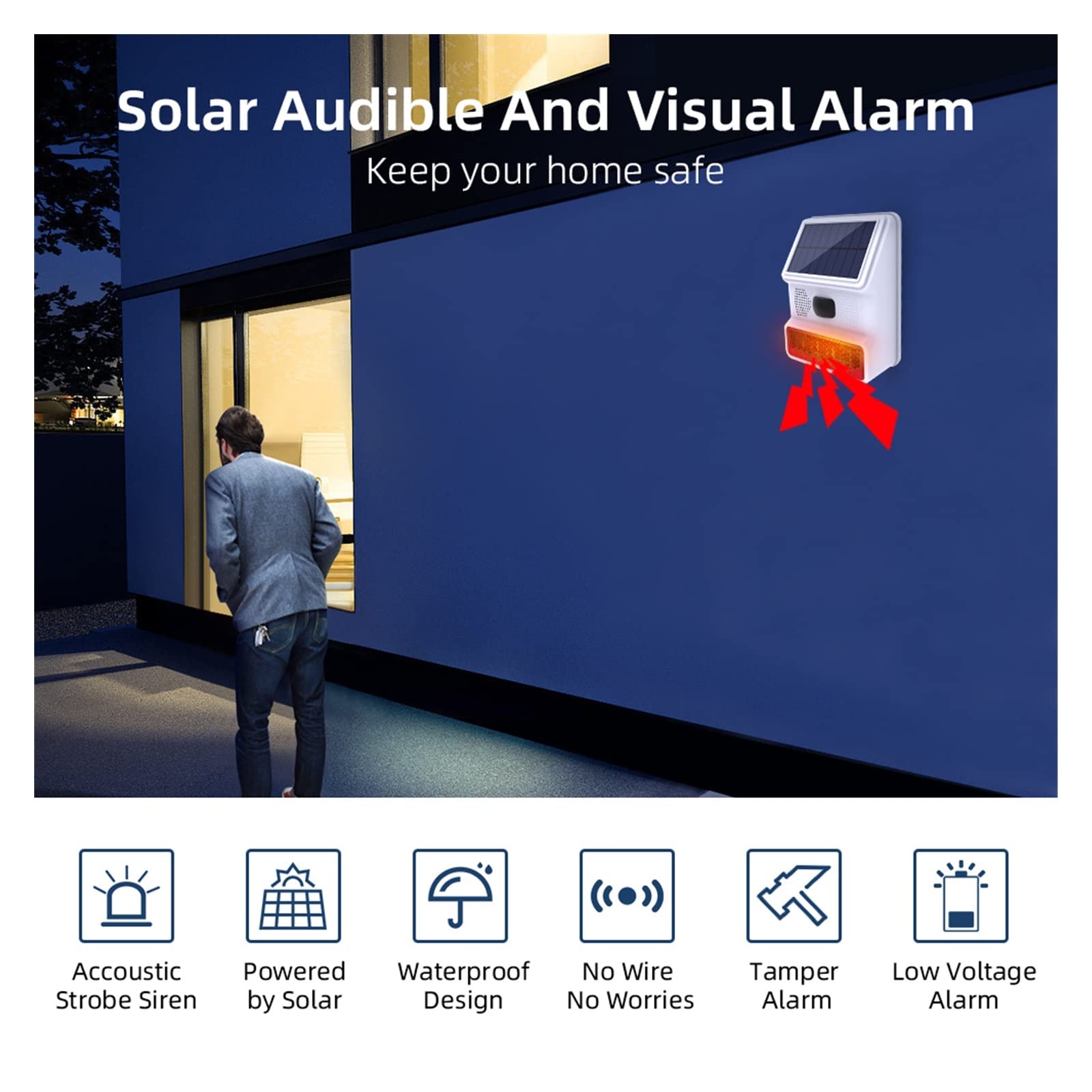 Sistema di Allarme di Sicurezza Domestica, 433MHz Wireless Light Flash Strobe Outdoor Solar Waterproof Siren for antifurto Domestico di Allarme Sicurezza Domestica(Set B)