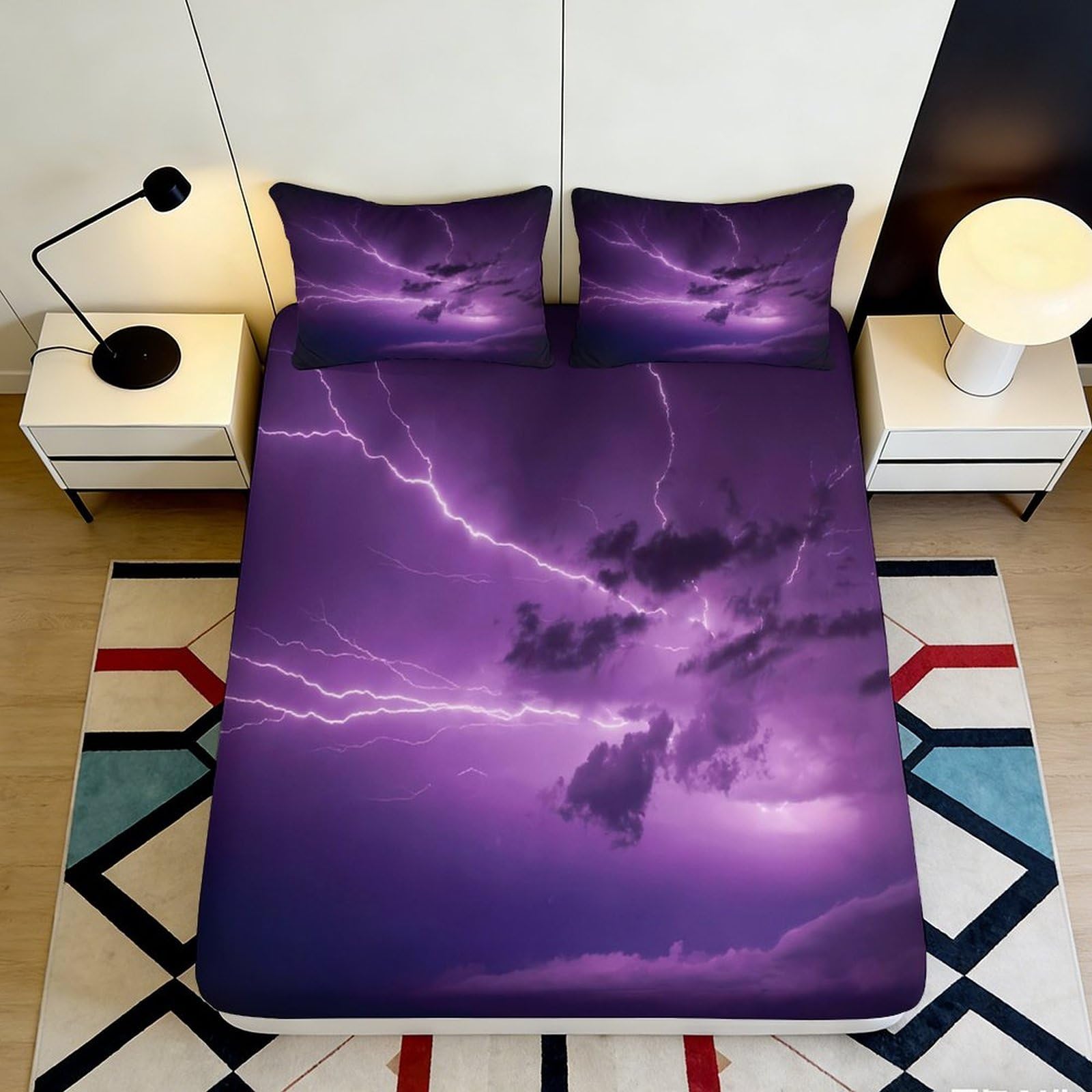 3D Printed Thunder Fitted Sheet Microfiber Deep Pocket Non-Slip Lightning Mattress Fitted Cover for Adult Bedroom Bedding 180x200x25cm