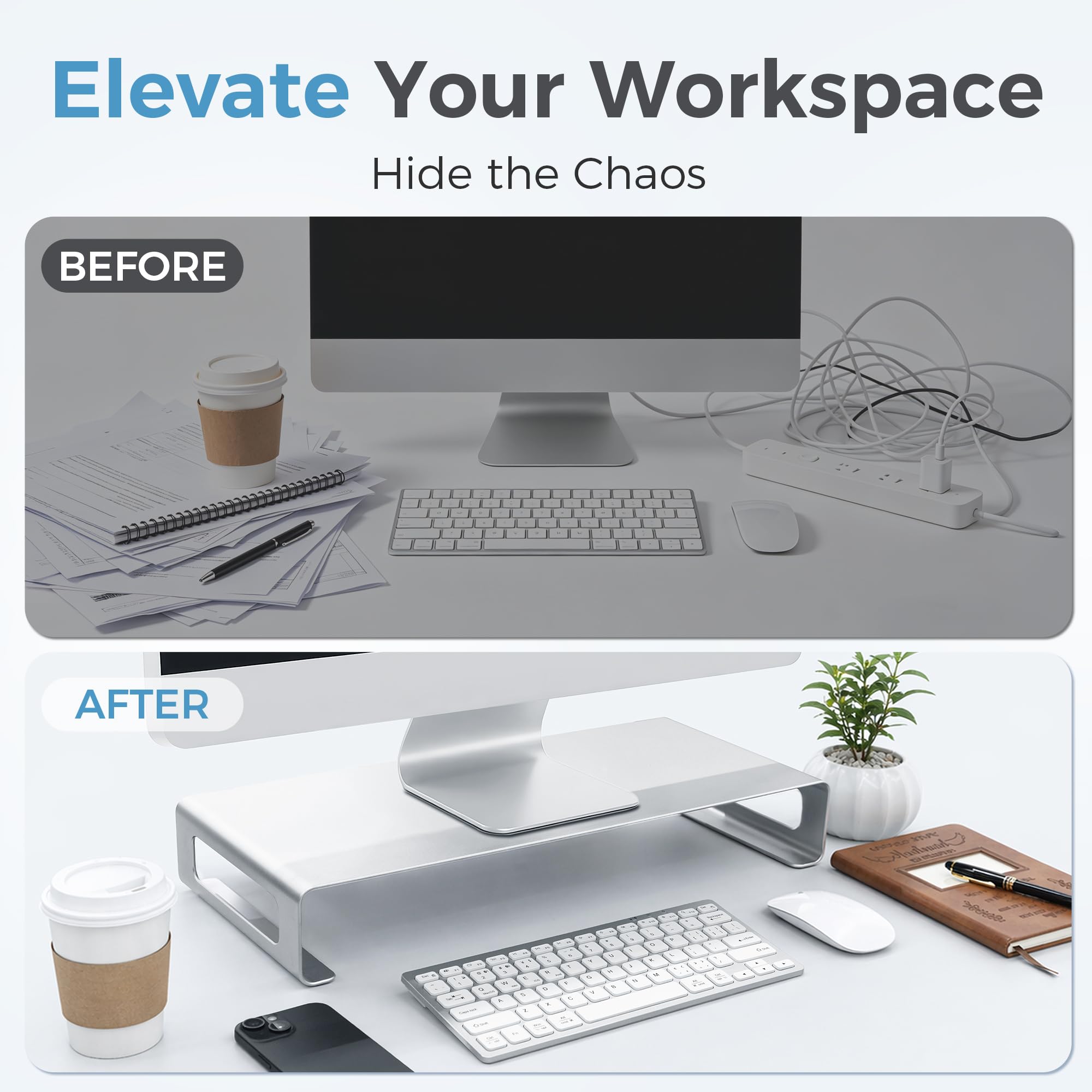 Elevate & Hide Soporte elevador de aluminio para escritorio, soporte plegable para computadora con almacenamiento de regleta de alimentación y gestión de cables, organizador de estante de escritorio