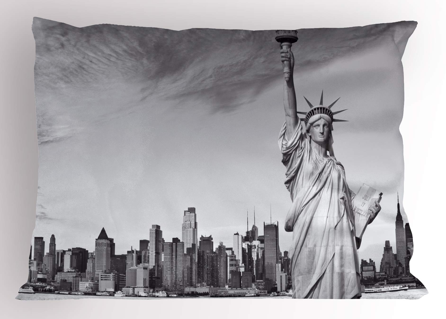 Ambesonne New York City Pillow Sham, Liberty New York City Famous American Monument Landscape Illustration, Decorative Standard Size Printed Pillowcase, 26