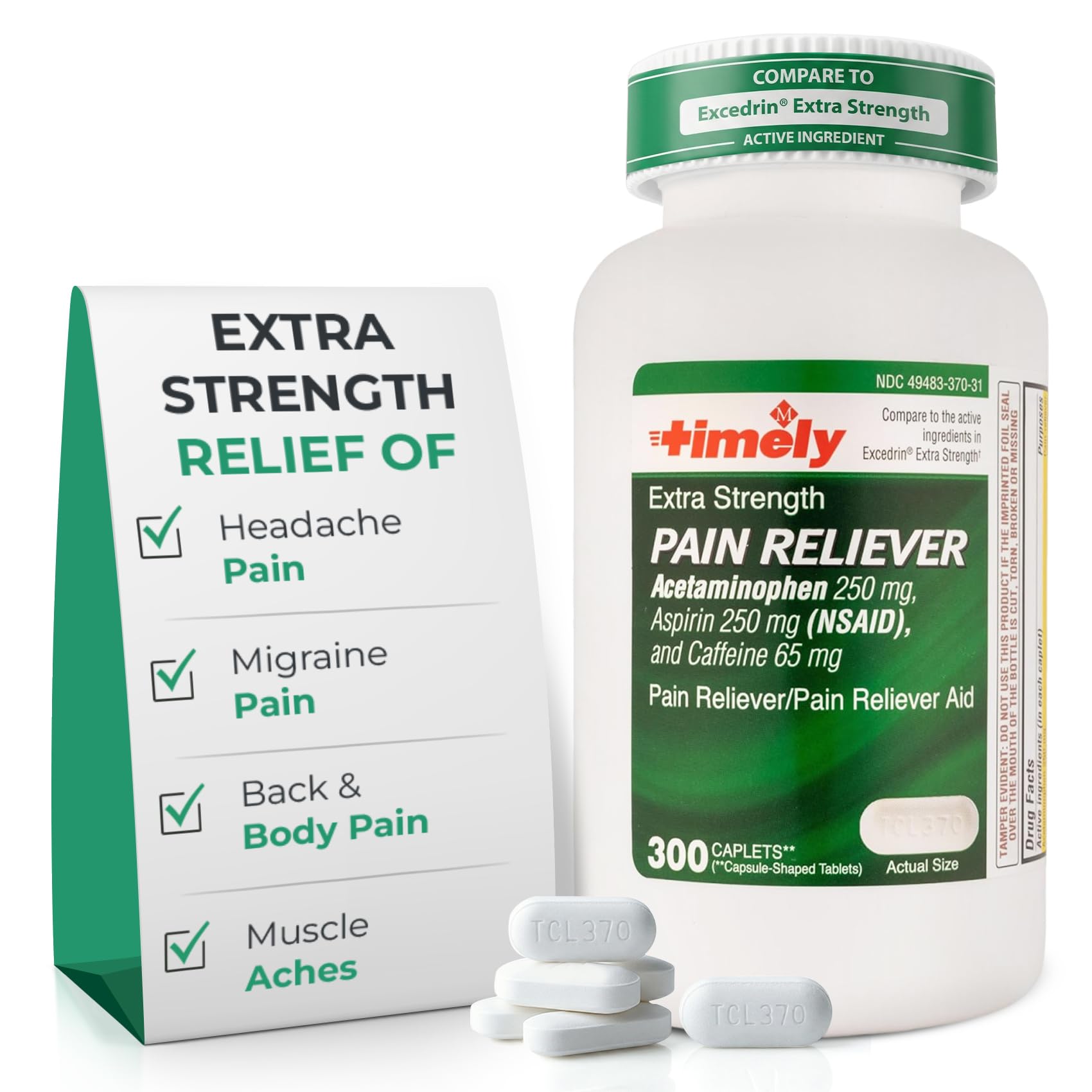 TIME-Cap Labs Extra Strength Acetaminophen 250mg Aspirin 250mg Caffeine 65mg Caplets - Triple Action Pain Reliever for Migraines