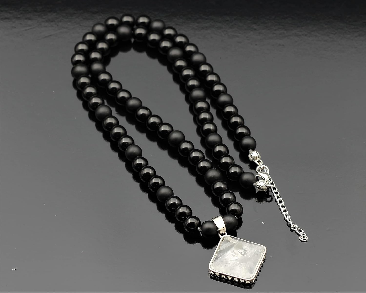 ElisaJewelryArt - Natural Pyramid Amethyst Pendant Necklace Black Onyx Beaded Necklace Genuine Gemstone Feng Shui Stone Clasp Closure Necklace Unisex Necklace - Image 3