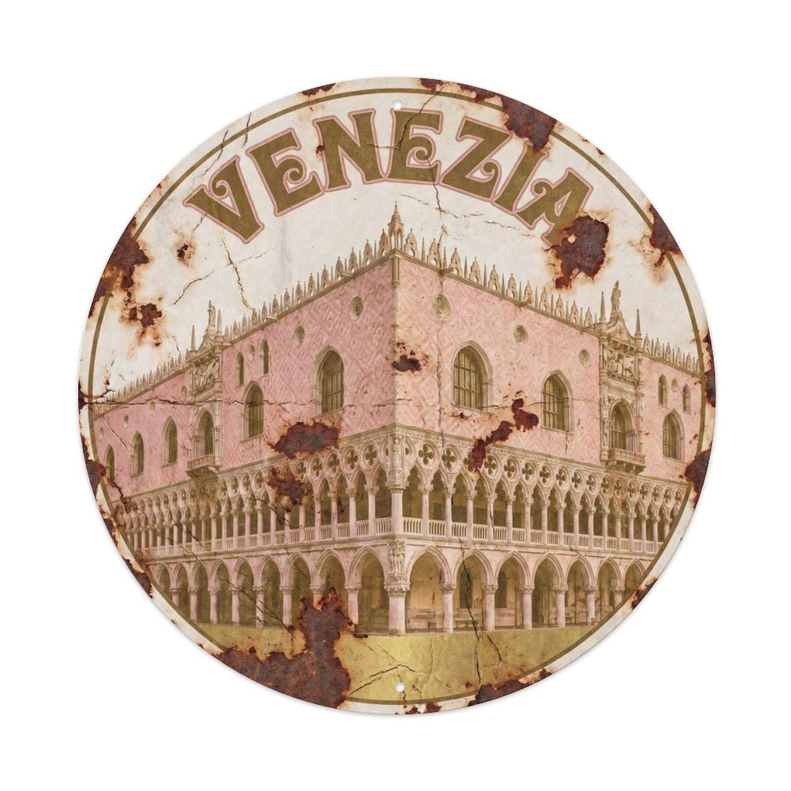 Vintage Travel Venice Doge Palace Metal Tin Sign Plaque Wall Decor for Cafe, Club Bar, Office, Home Garden Round Metal Poster 8x8Inch