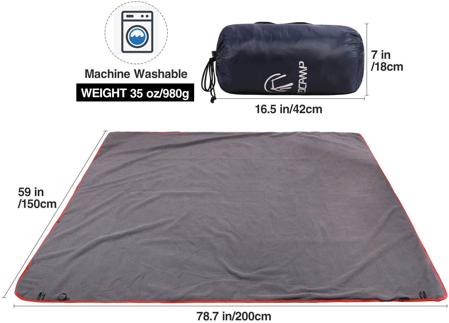 REDCAMP Wasserdichte warme Fleece-Campingdecke, 200 x 150 cm, Überwurfdecke, winddicht für kaltes Wetter, Outdoor, Reisen, Sport, Stadion, Rucksackreisen, Zuhause