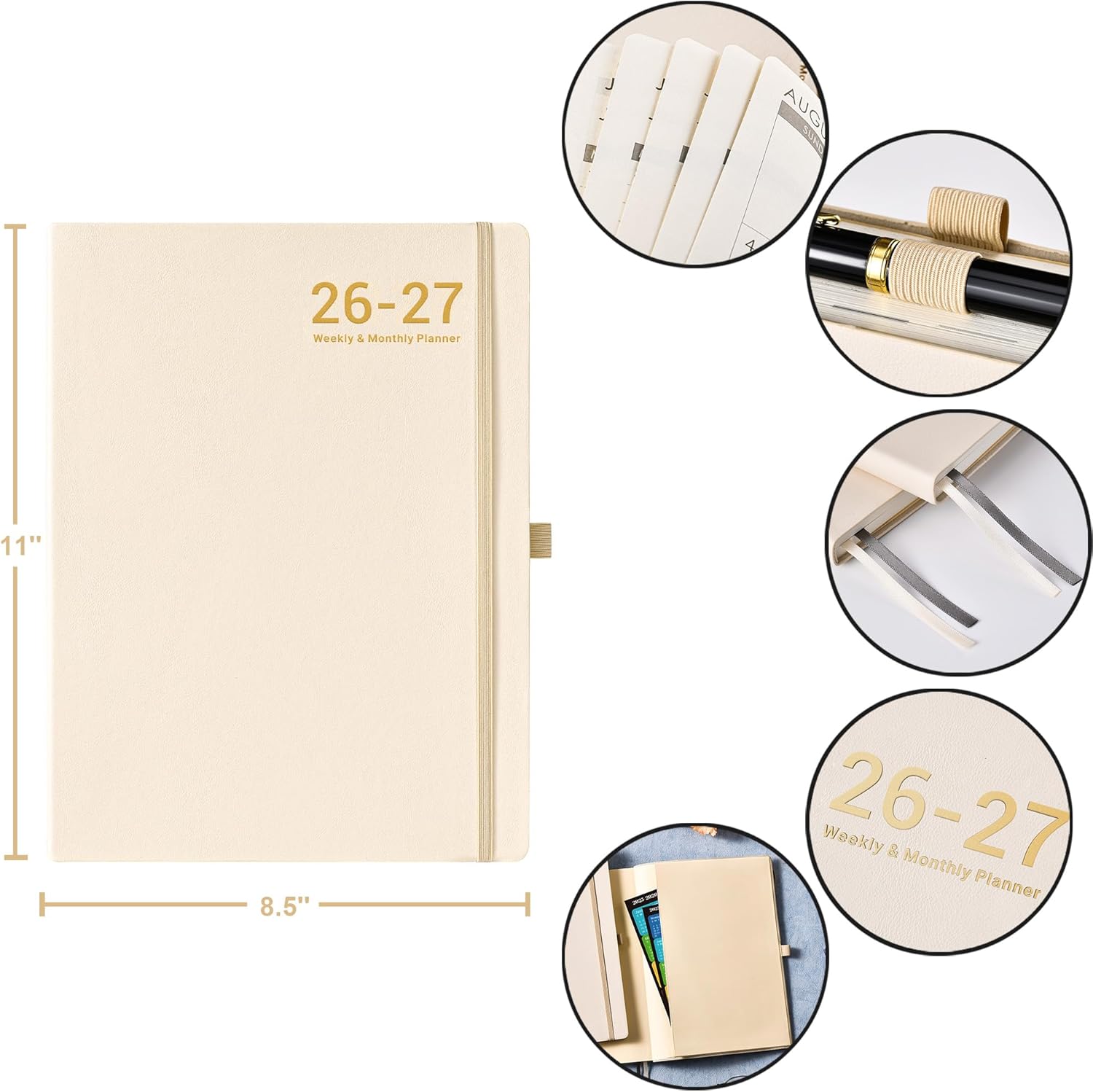 Planner 2026-2027 - JUL 2026 - JUN 2027, Academic Planner 2026-2027, Weekly and Monthly Planners, Leather Cover Planners with Thick Paper, Back Pocket with Notes Pages, Seashell Gold (8.5" x 11")