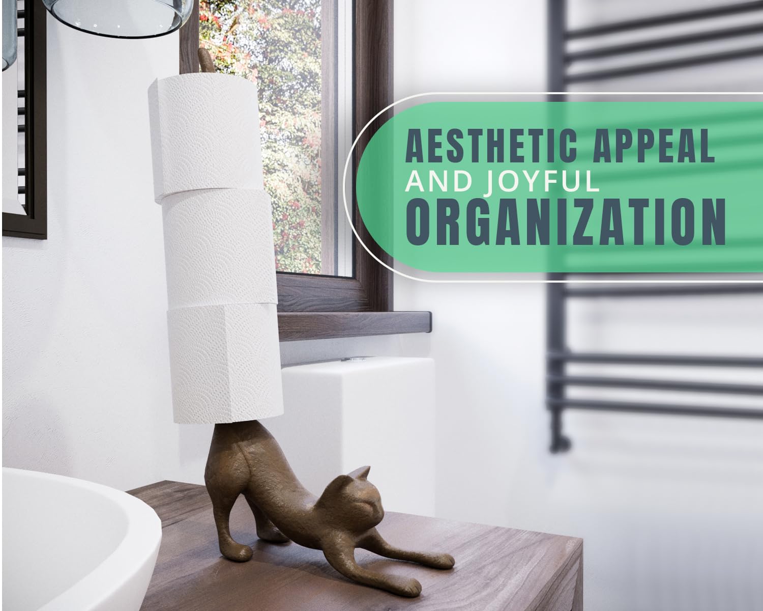 Yoga Cat Decorative Paper Towel Holder or Toilet Paper Holder by Comfify - Adorable “Downward Dog� Pose Kitty- Cast Iron Paper Towel Stand - Antiqued Cast Iron Storage - Multiple uses - 19� Tall.