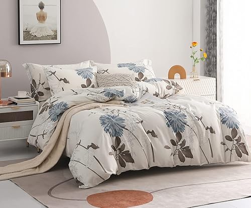 Miniatura 2 de SLEEPBELLA Funda de edredón tamaño Queen, 600 hilos de algodón con patrón de flores botánicas impresas, funda de edredón reversible