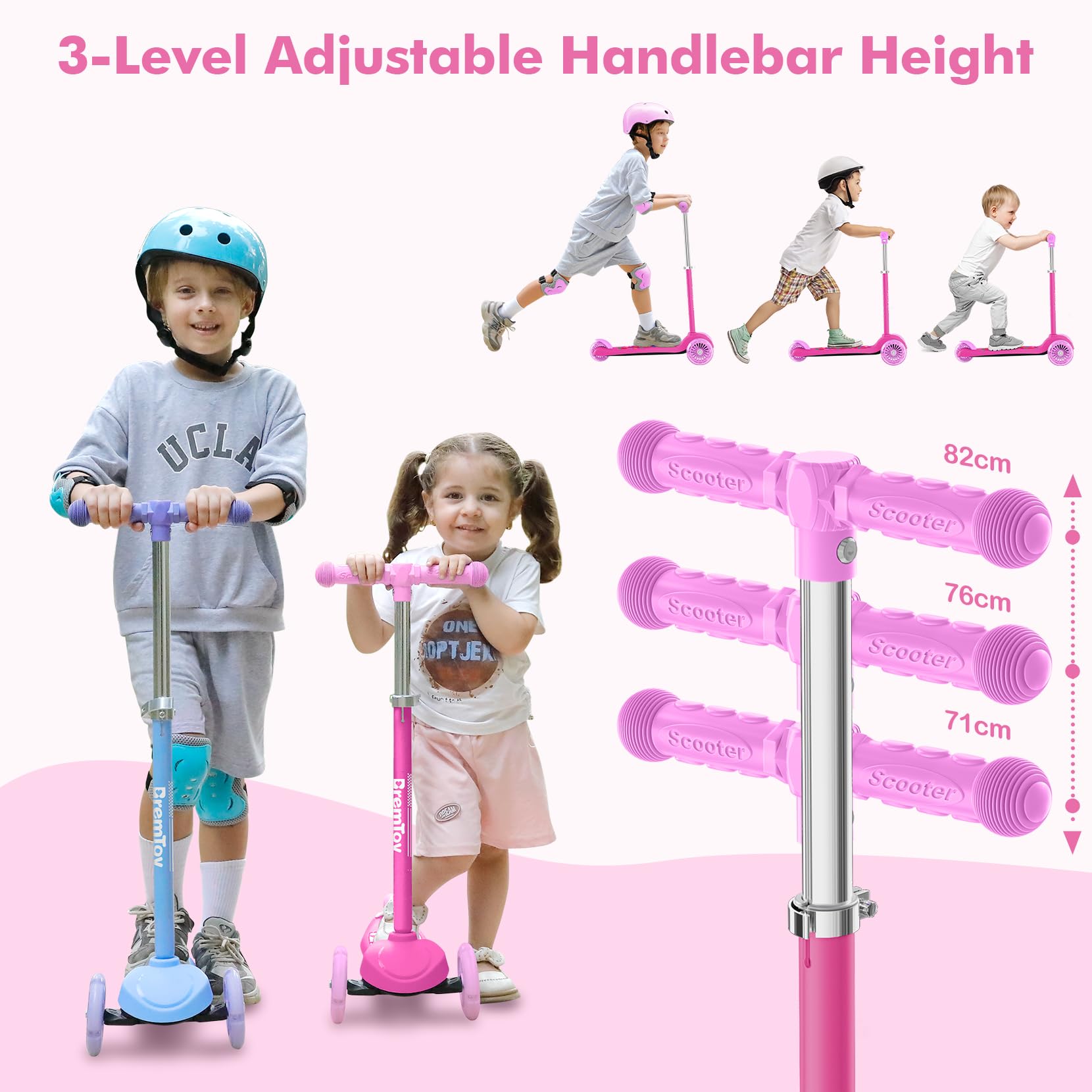 BremToy Patinete Niños 3 Años, Patinete Niños con Deck Luminosa y Ruedas LED de PU, Altura Regulable en 4 Niveles, Frenado Responsivo, Ligero, Patinete para Principiantes de 3 a 8 Años