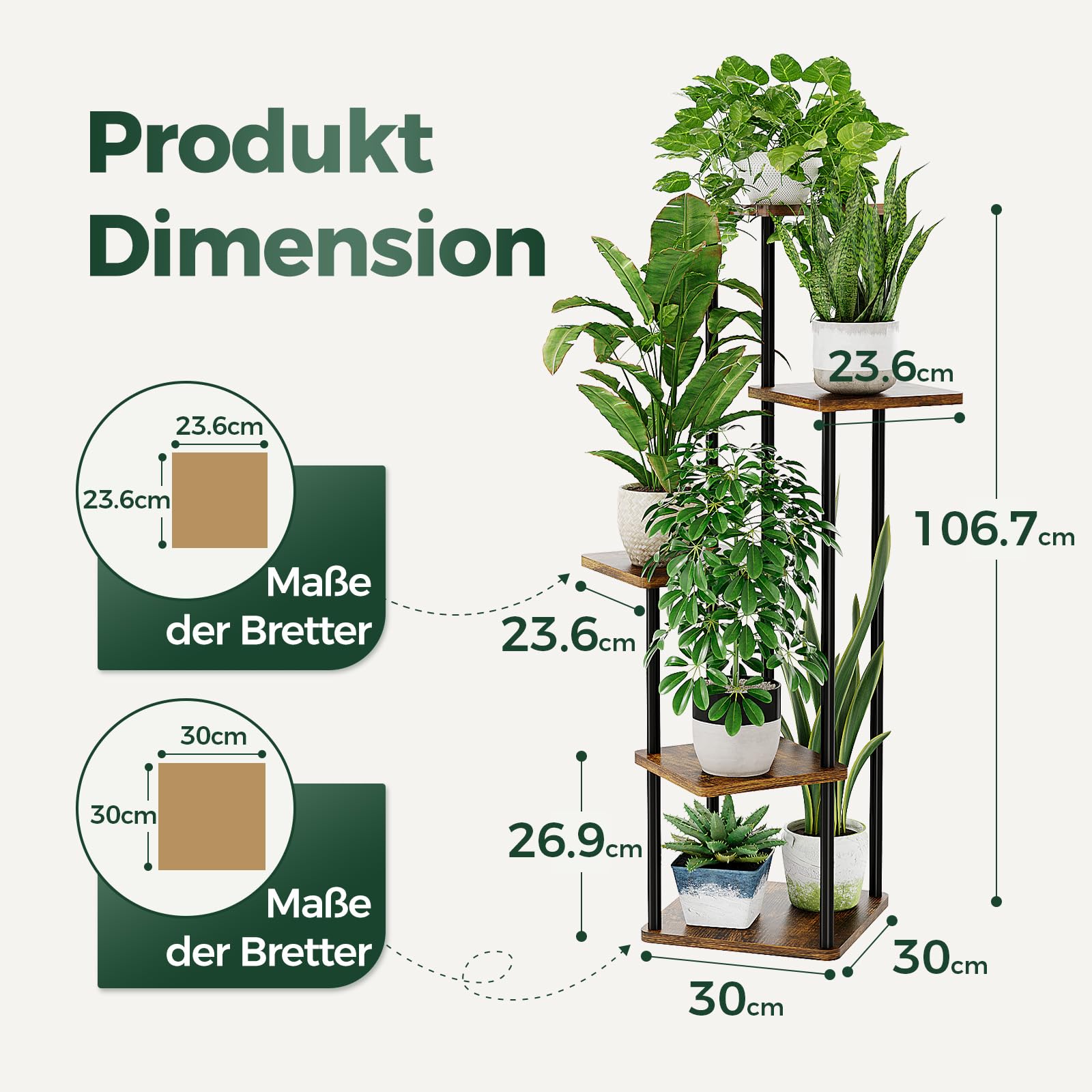 Bamworld Blumenständer Pflanzenständer Pflanzenregal aus Holz und Metall – Modernes Regal für Zimmerpflanzen, 5 Etagen, Stabil und platzsparend, Ideal für Wohnzimmer, Balkon und Büro