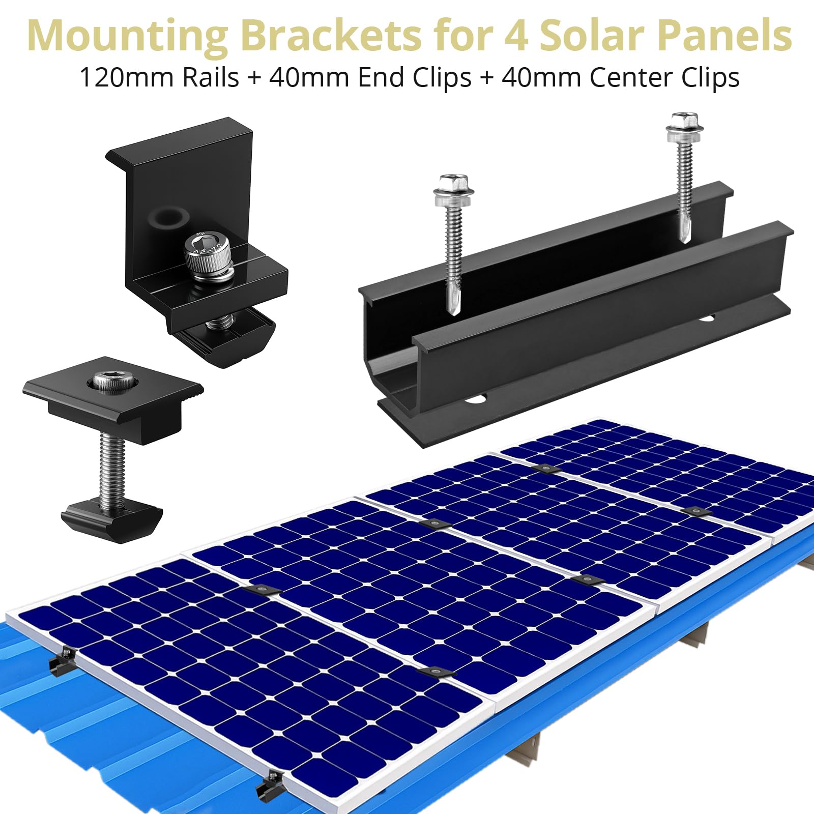 Anbte 10 Piezas Soporte Placas Solares 120mm*25mm AleaciÓn de Aluminio, 4x Abrazadera Final para Panel Solar de 40mm y 6 Abrazaderas Centrales para Caravanas Furgonetas Cobertizos Color Negro