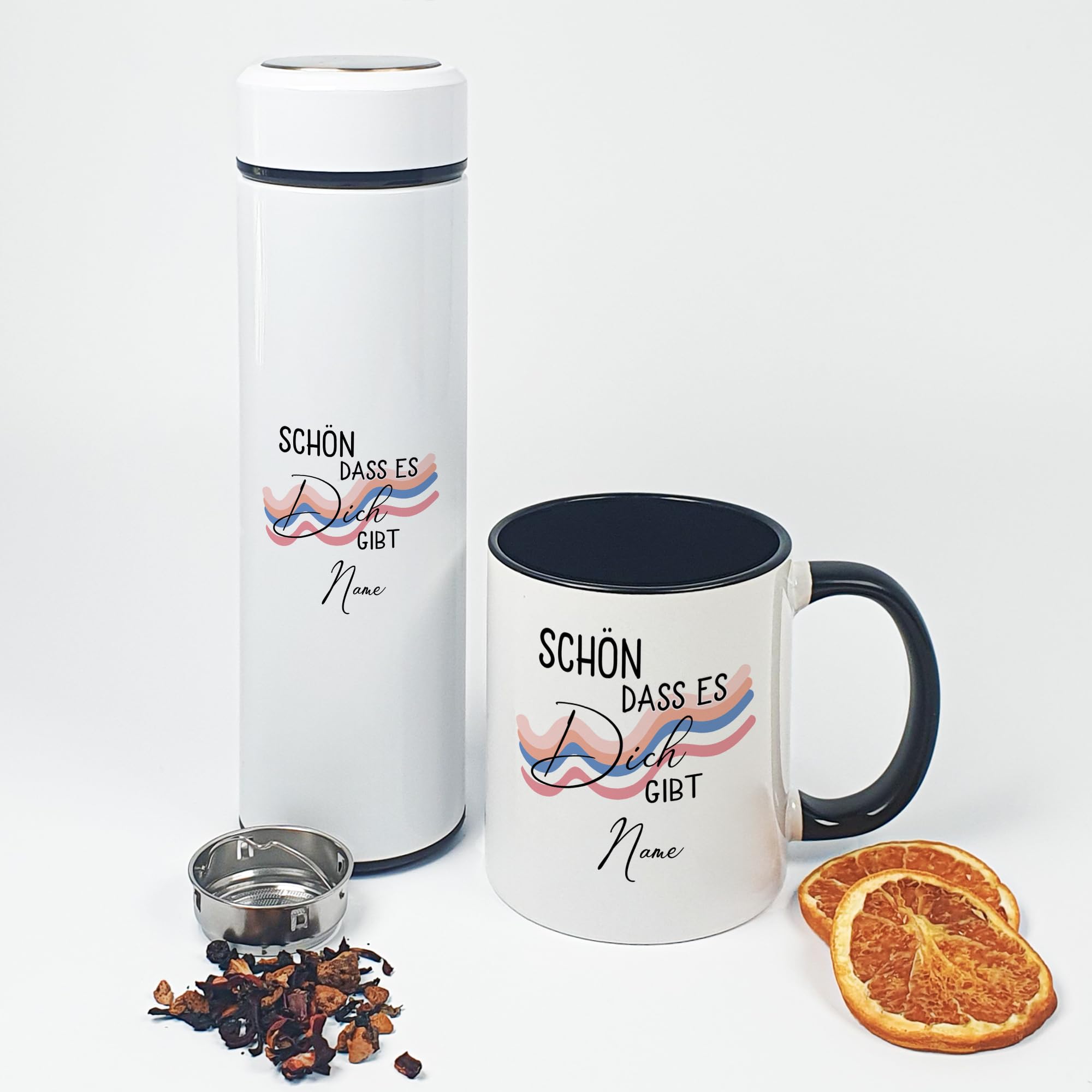 GRAZDesign Tee Geschenkset Teeflasche mit Sieb to go inkl. Tasse mit Name personalisiert | Geschenke für Teetrinker zu Weihnachten, Geburtstag, Muttertag Edelstahl 500ml