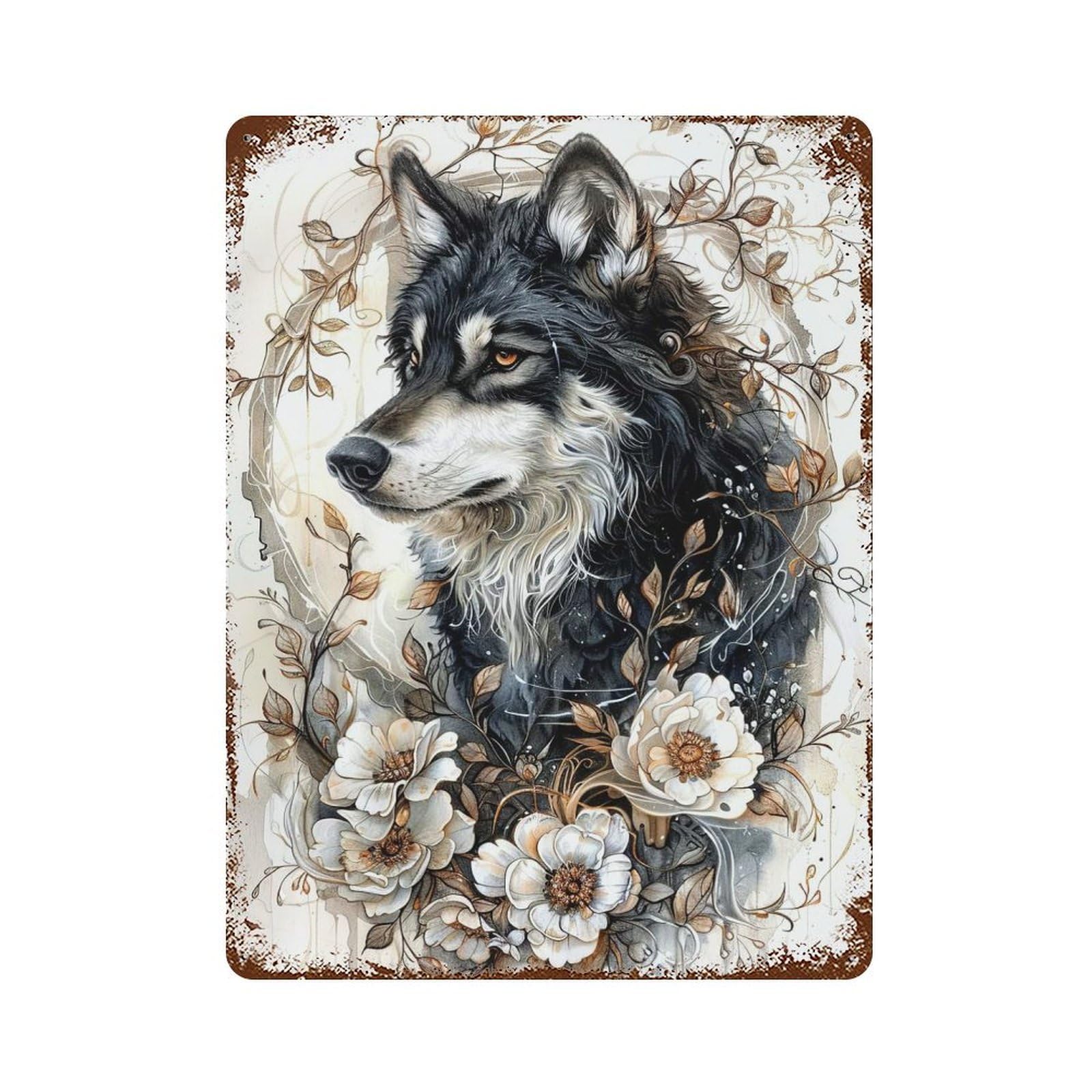 Vintage Rust Metal Sign with Wolf in Bloom Design 15.7"x11.8", for Garage, Bar And Workshop Decor, Retro Wall Decor