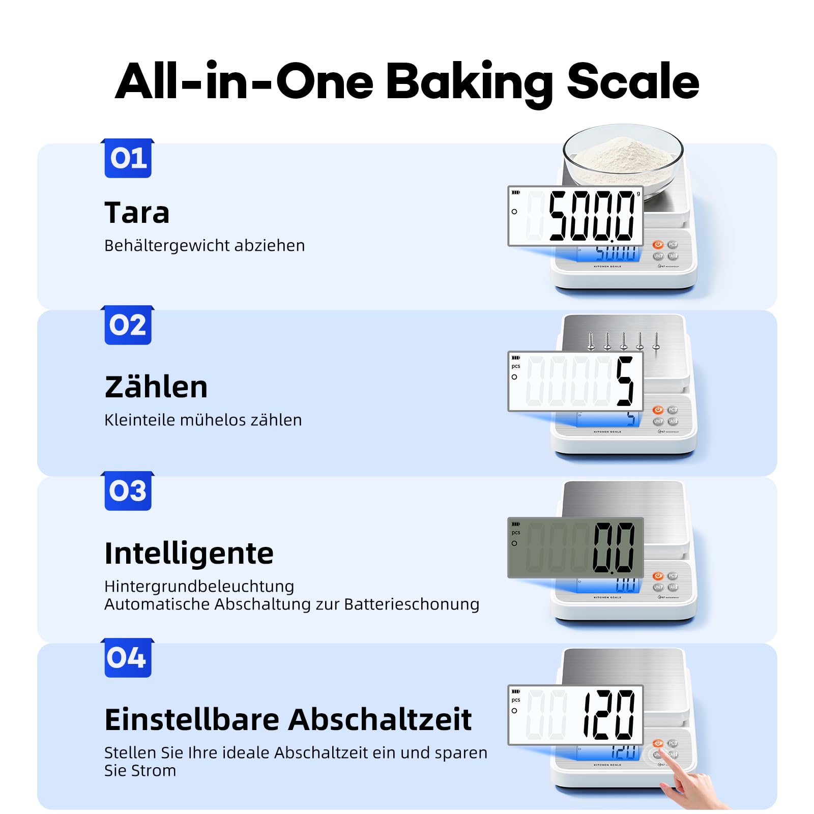 Digitale Küchenwaage 5 kg/0,1 g Lebensmittelwaage zum Kochen, Backen, Abnehmen, Wiederaufladbare Kaffee-Waage Backwaage mit USB-Kabel