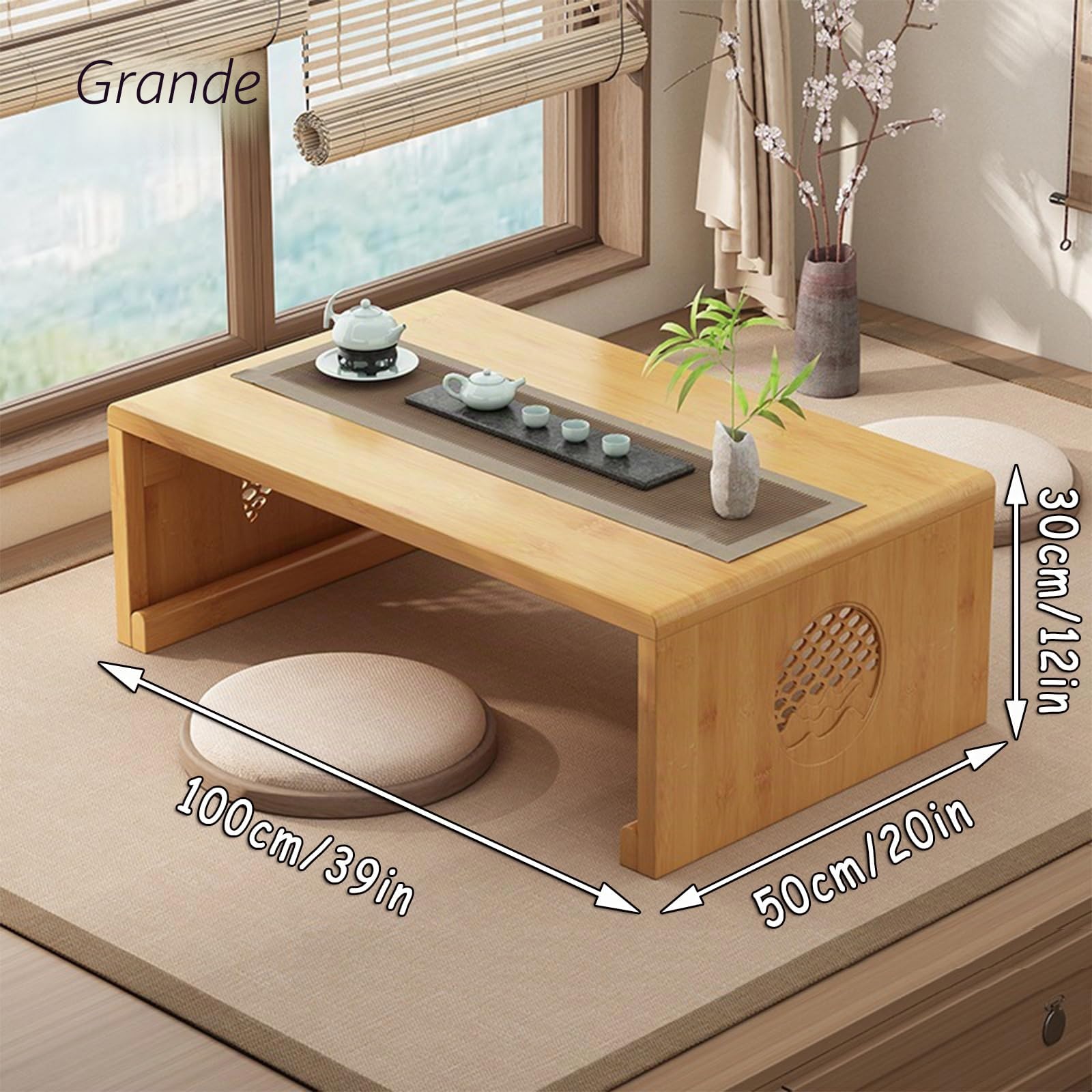 Mesa de Suelo de té Chino de bambú,Mesa de Centro Plegable Japonesa,Mesa de Altar for meditación,Mesa de Tatami Plegable portátil Baja for Sala de Estar,decoración del hogar (L, Tronco)