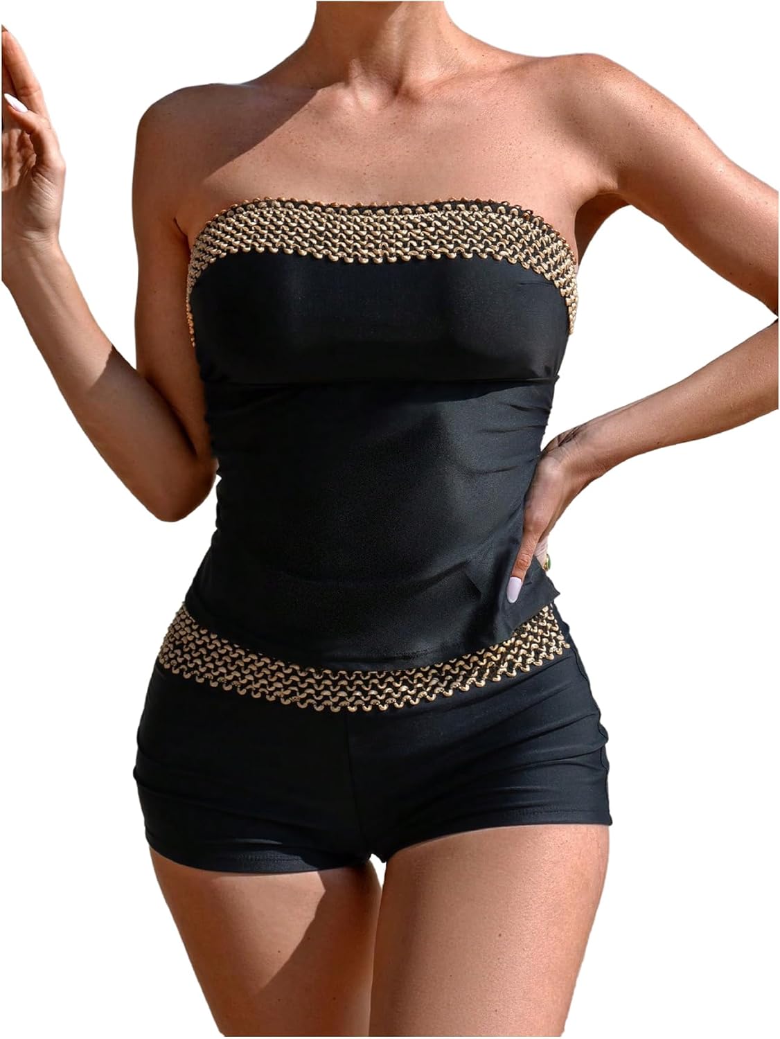 Milumia Women's 2 Piece Tankini Set Strapless Bandeau Boyshorts Swimsuit