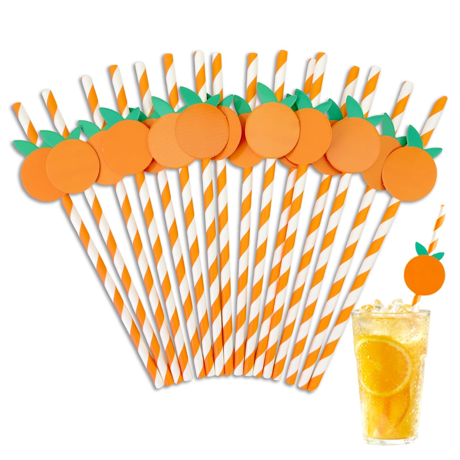 80pcs Disposable Orange Striped Paper Straws for Milkshake Lemonade Cute Fruit Shape Straw for Wedding Decorations and Birthday Party Supplies