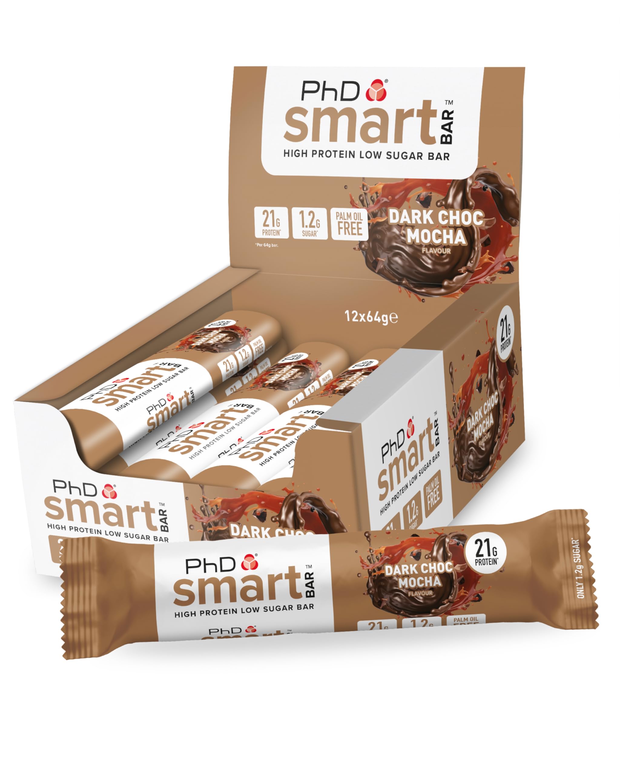 PhD Nutrition Smart Protein Bar Low Calorie, Nutritional Protein Bars/Protein Snacks, High Protein Low Sugar, Chocolate Mocha Flavour, 20g of Protein, 64g Bar (12 Pack)