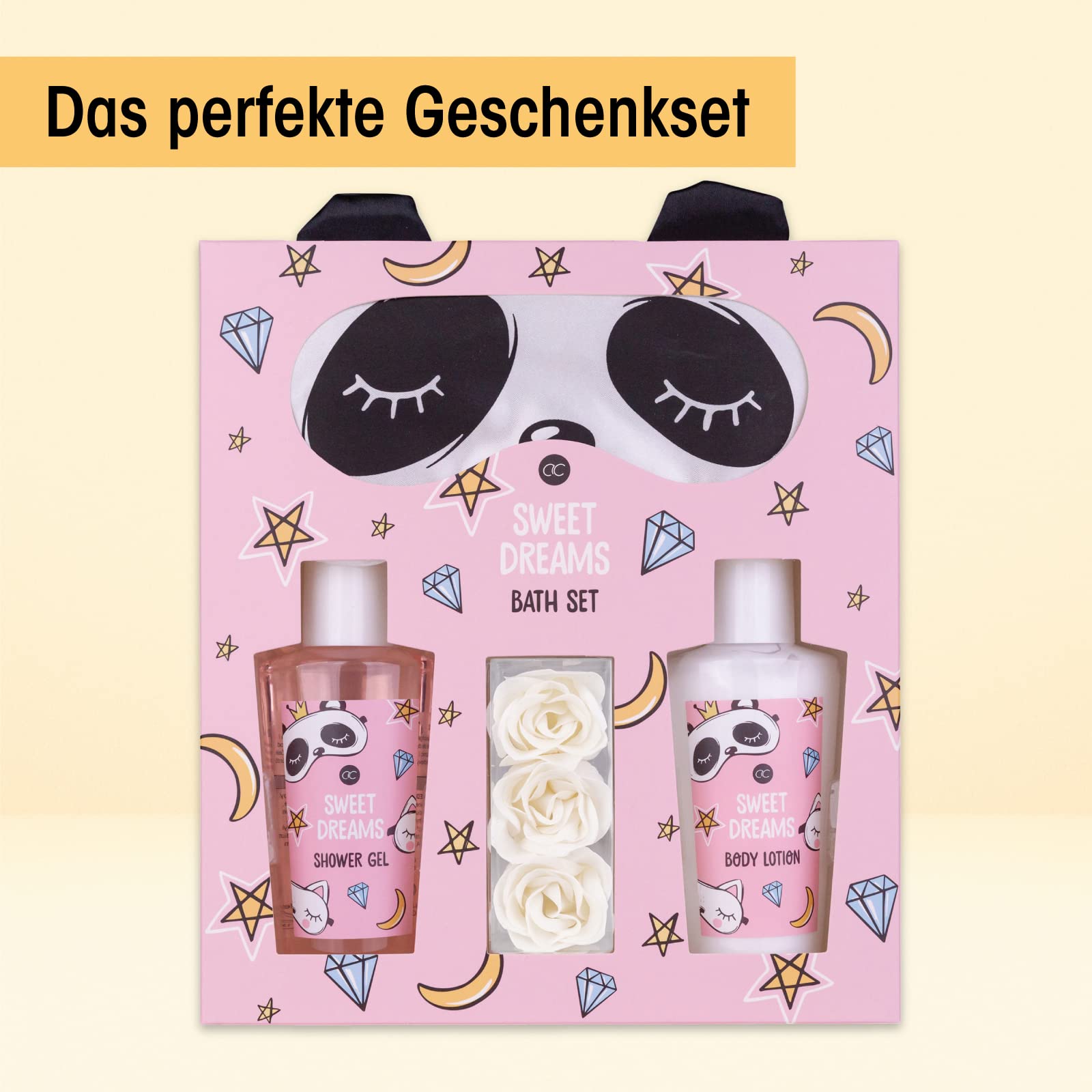 Set de regalo para mujer Sweet Dreams de Accentra - Antifaz de panda, gel de ducha, loción corporal y confeti de baño de rosas