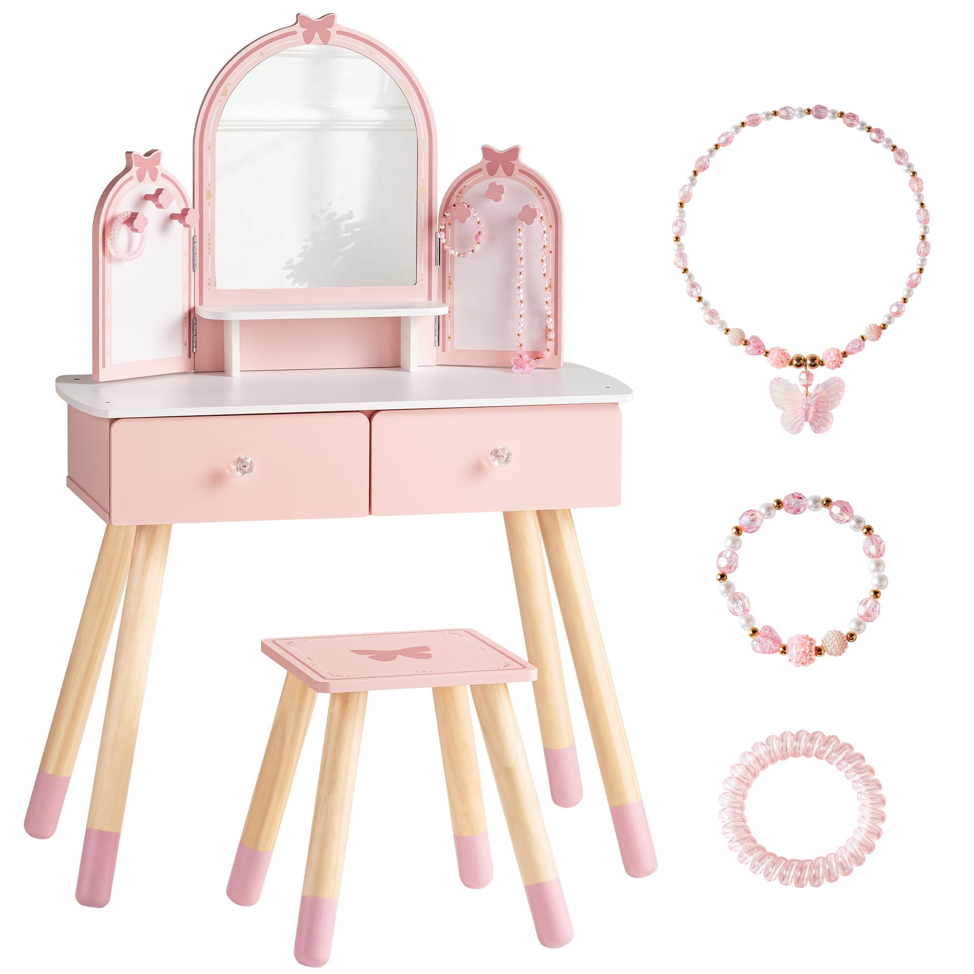 ROBUD Kinder Schminktisch mit Hocker: Mädchen kinderschminktisch mit Spiegel, Rollenspiel Schminktisch für Kinder, Frisiertisch mit Schublade und Zubehör für Kinderschminke, ab 3 Jahren (Rosa)