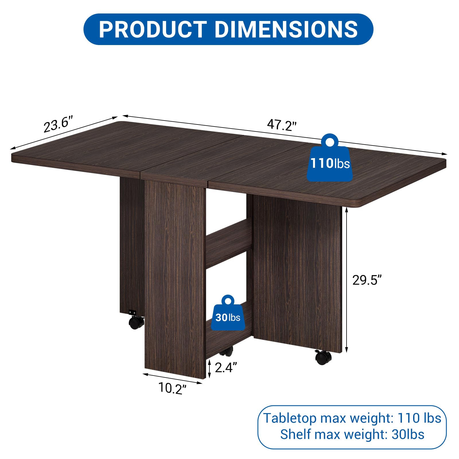 Mesa de Comedor Plegable Multifuncional, Mesa Auxiliar con Ruedas y Almacenamiento, Ahorra Espacio, para Cocina y Comedor, Color Nogal Oscuro, 120x60x75cm