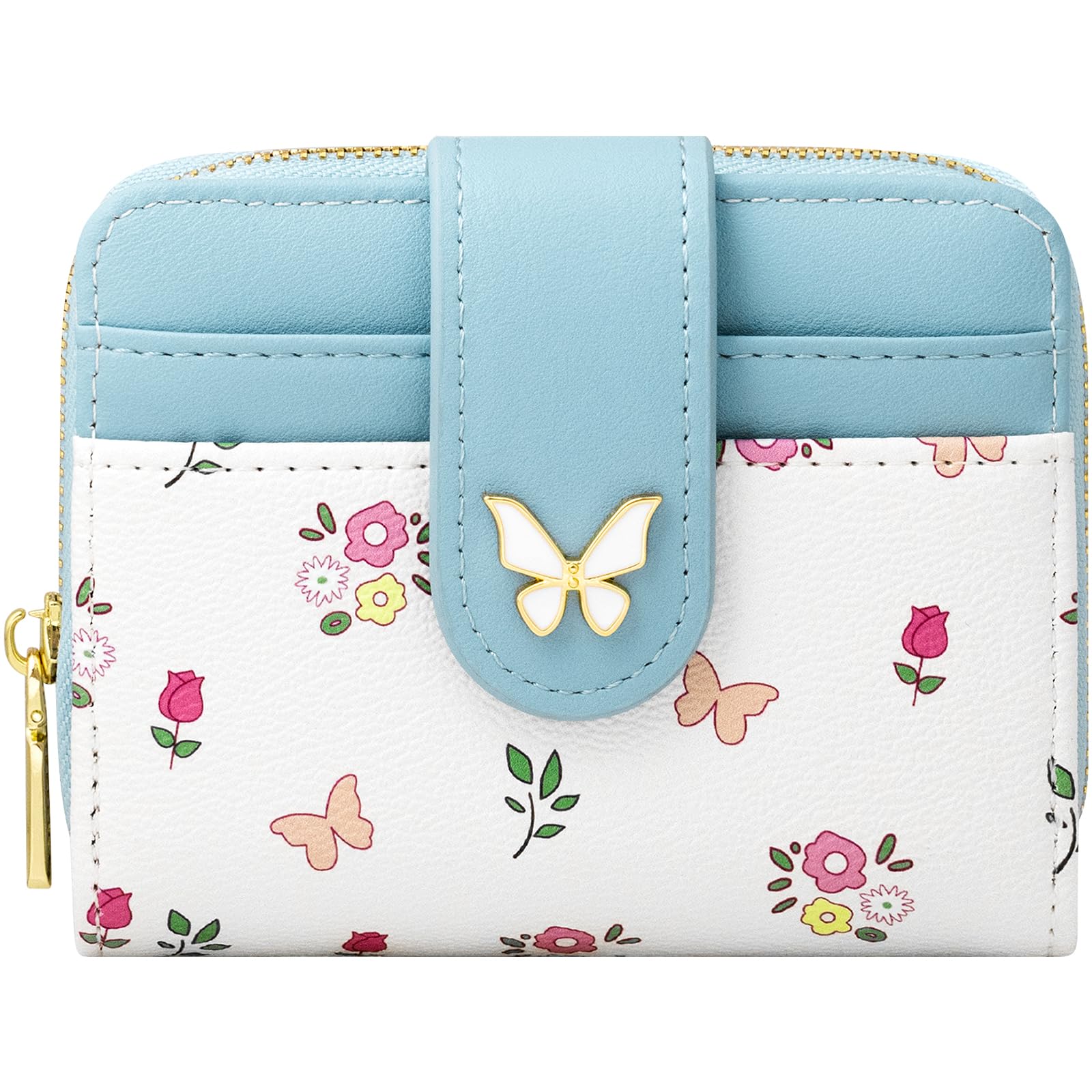 BIAOTIE Wallet for Women Cute Floral Flower Wallet RFID Credit Card Holder Purse Small Bifold Zipper Coin Pocket Purse with ID Windows (Butterfly Blue)