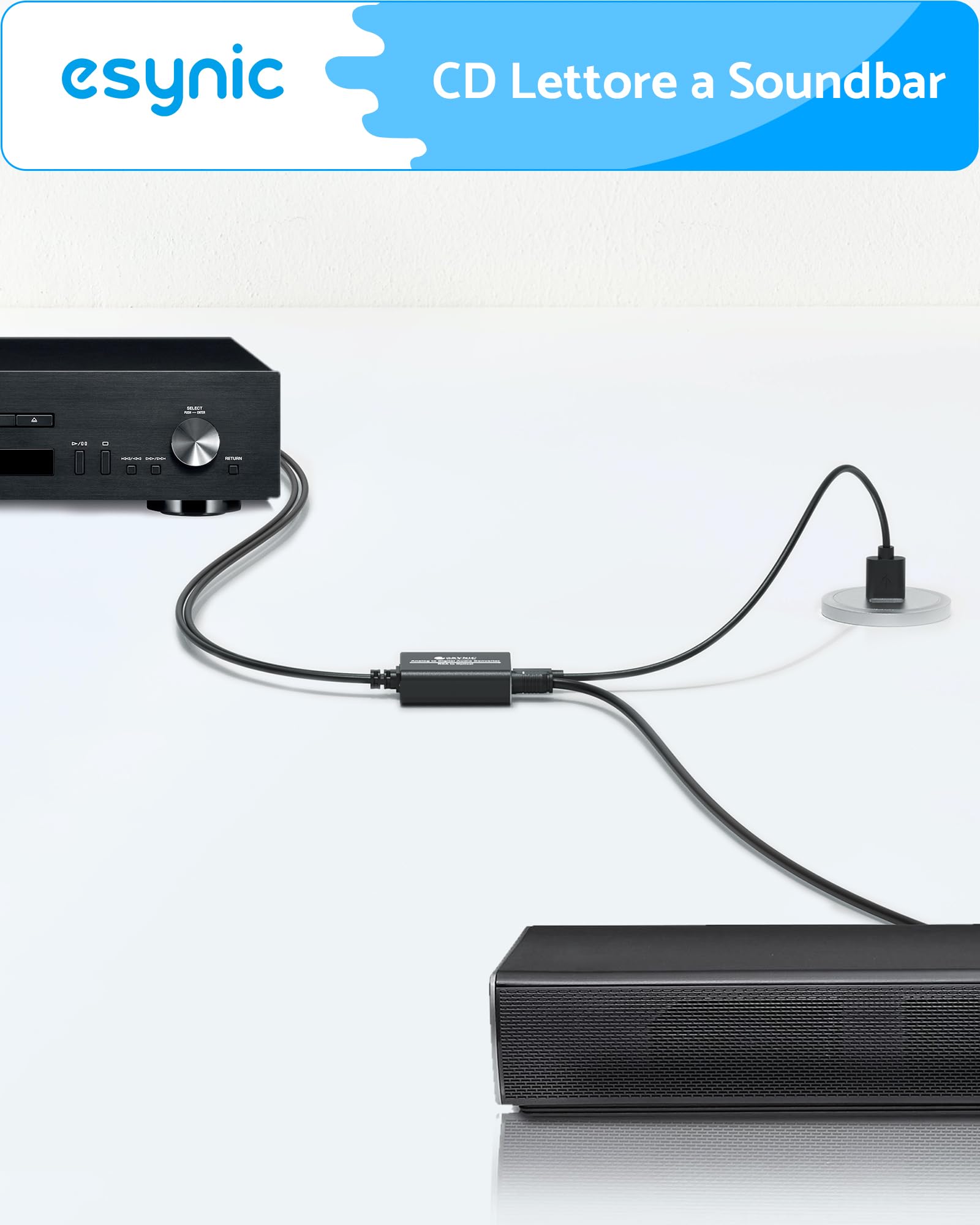 eSynic ADC Convertitore Audio RCA a Ottico in Lega Alluminio, Adattatore Analogico a Digitale con Cavo 2RCA 1.1m Integrato, Convertitore da L/R a SPDIF Toslink per Giradischi CD DVD a Soundbar
