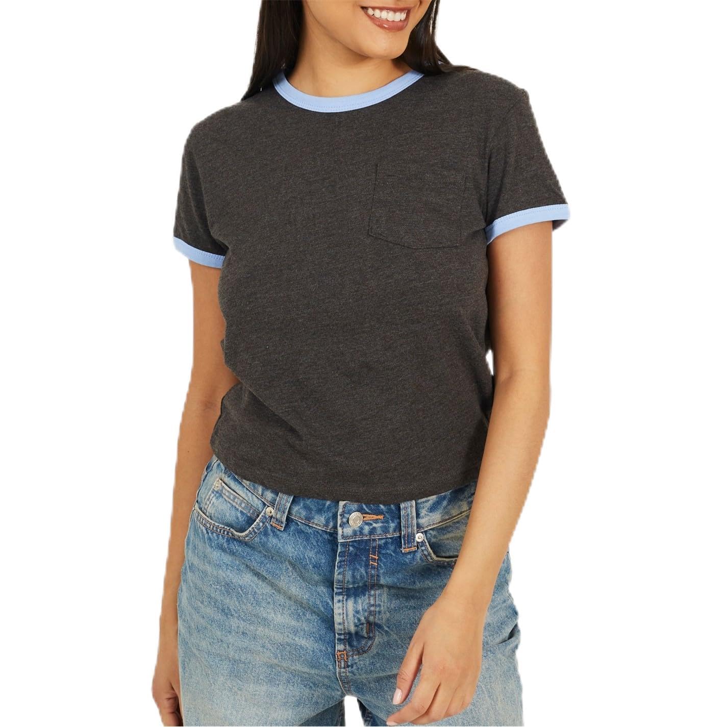 Brave Soul Women's Short Sleeve Chest Pocket T-Shit With Contrast Neck And Sleeve Rib - Charcoal/Crnflw - 12 (M)