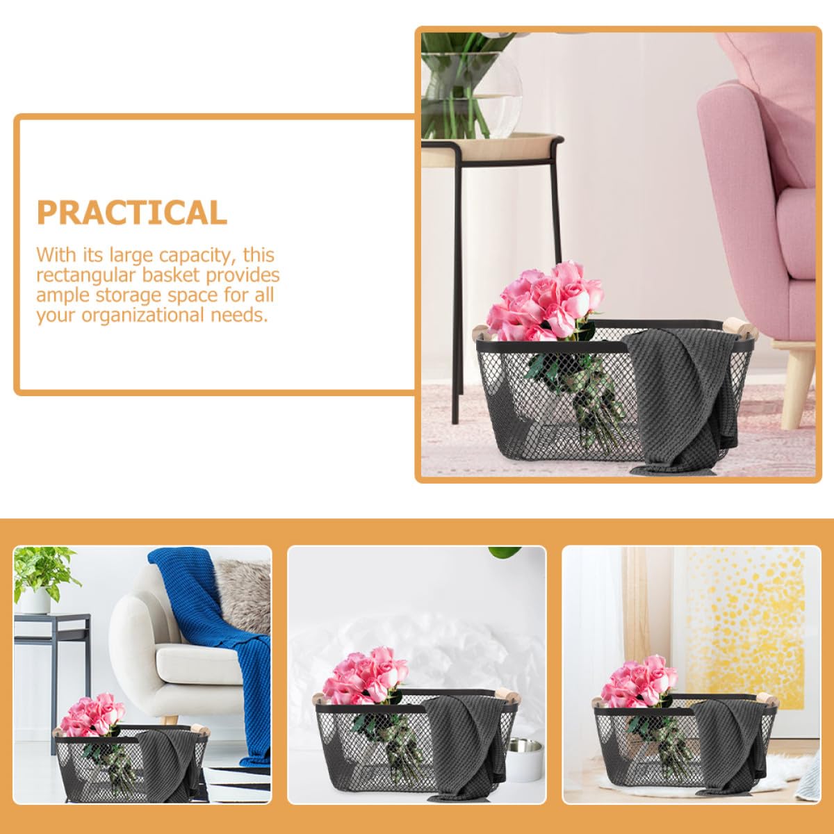 INOOMP Cesta de Gran Capacidad Rectangular de Metal Mango de Madera Estilo Nórdico para Almacenamiento y Organización en Baño y Estantes