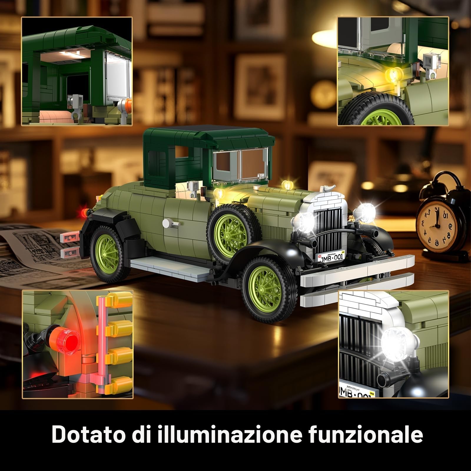 JMBricklayer Kit per auto d'epoca per adulti con luci 50001 Kit per auto modello retrò classico Auto d'epoca Decorazioni per display da collezione Costruzioni giocattolo Regali per uomini Ragazzi