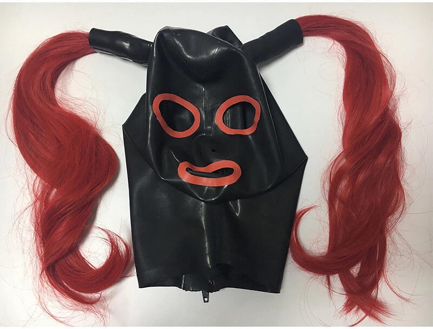 Latex Hood with Red Braids and Eye Hole, Full Face Cover with Zipper for Master, Queen, Sex, BDSM, Party, Cosplay, Holiday