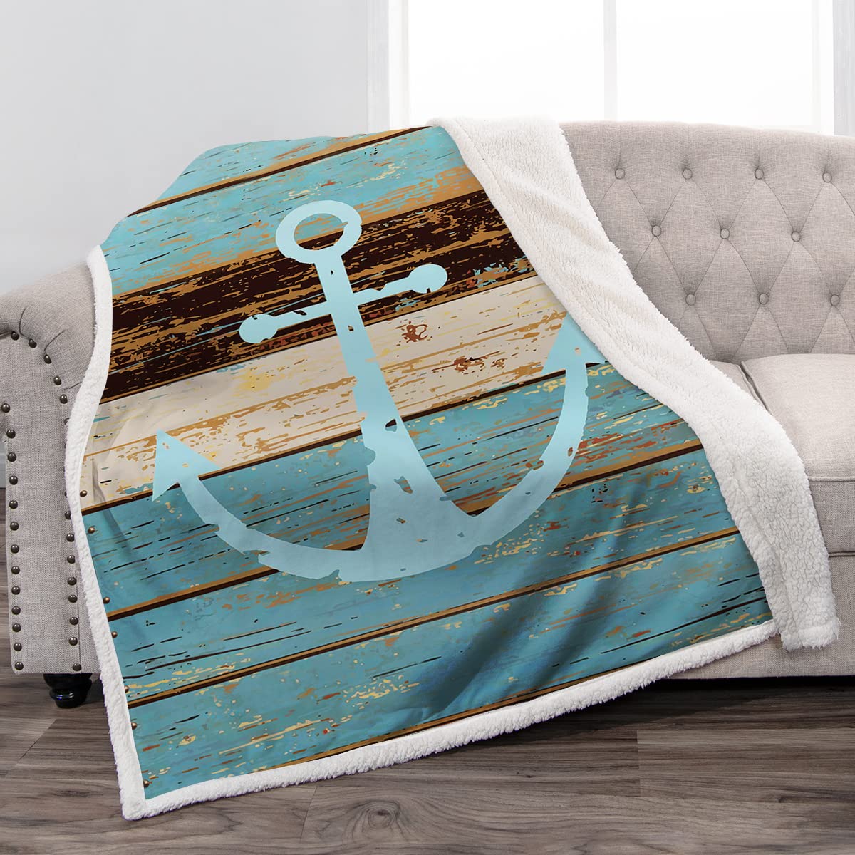 Jekeno Nautical Decor Anchor Sherpa Throw Blanket Gifts for Women Kids Girls Decor for Bedroom Living Room Birthday Christmas Soft Cozy Lightweight 50"x60"