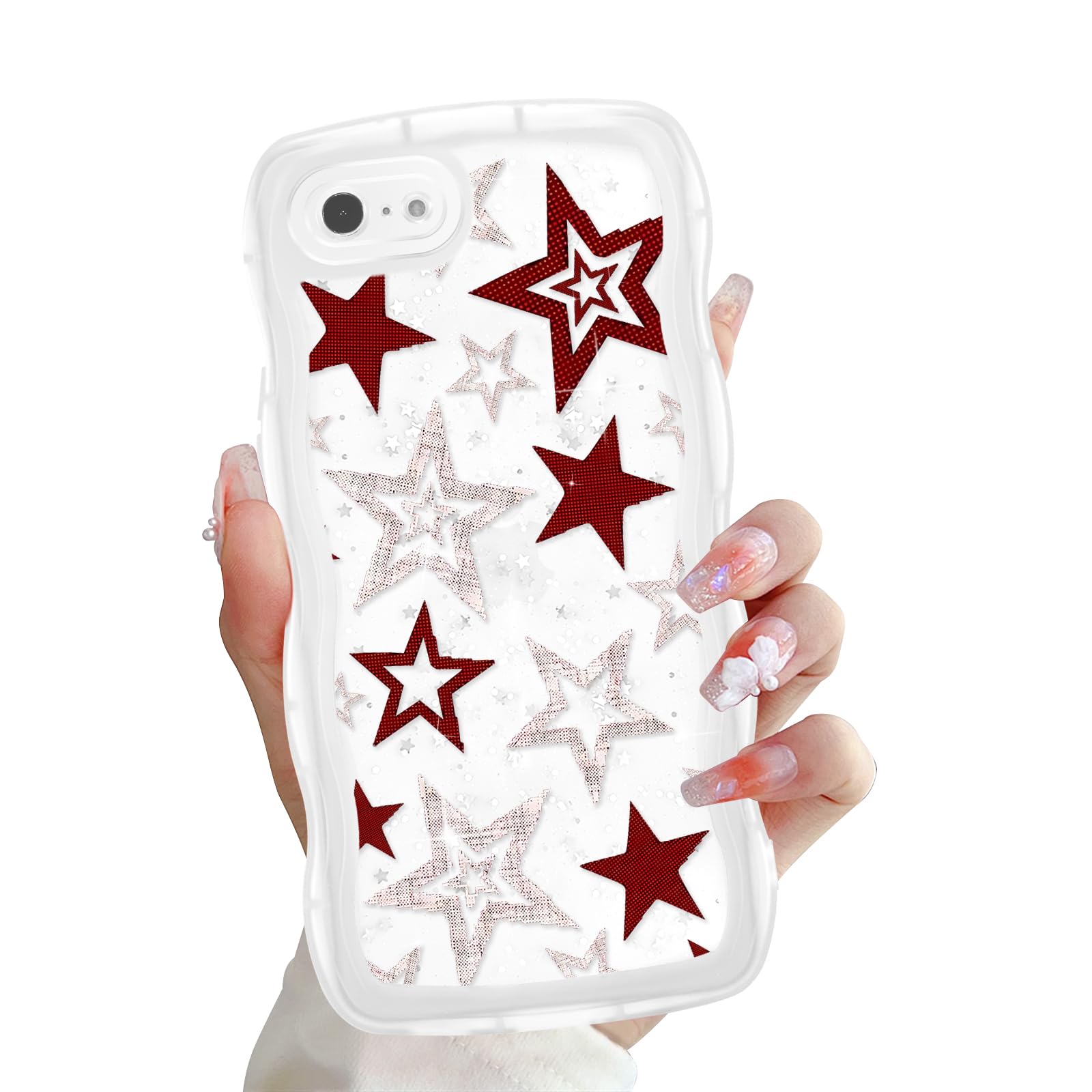 Zrutru Y2K Stars Phone Case for iPhone SE 2022/SE 2020/8/7 4.7",Cute Star Kawaii Glitter Wave Cases for Women Girls Aesthetic Bling Shiny Curly Frame