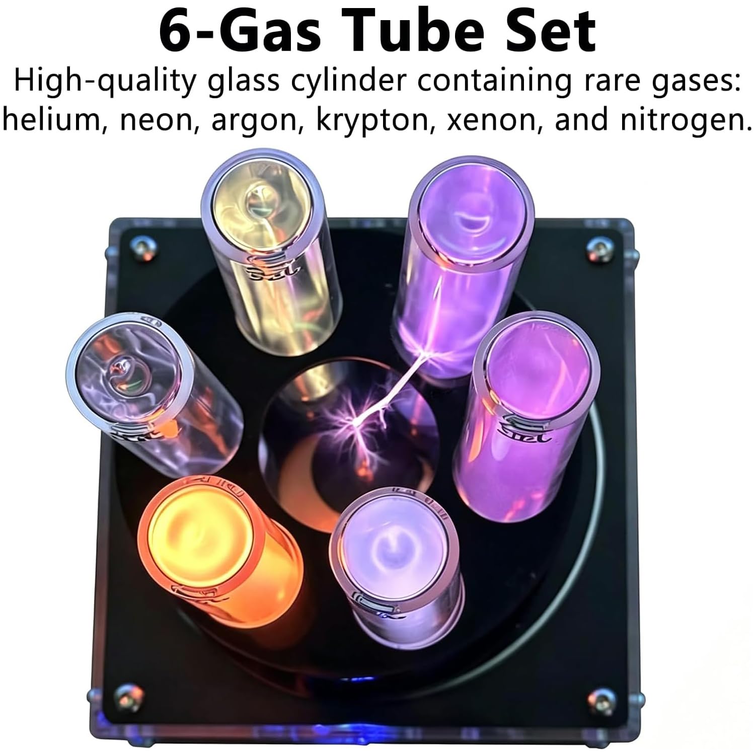 Noble Gas-Leuchtröhren-Set, 6-teiliges Element-Lichtröhren-Set, mit Exciter und Halterung, Wissenschaftsdemo-Kit, für Wissenschaftsunterricht, Chemie-Klassenzimmer
