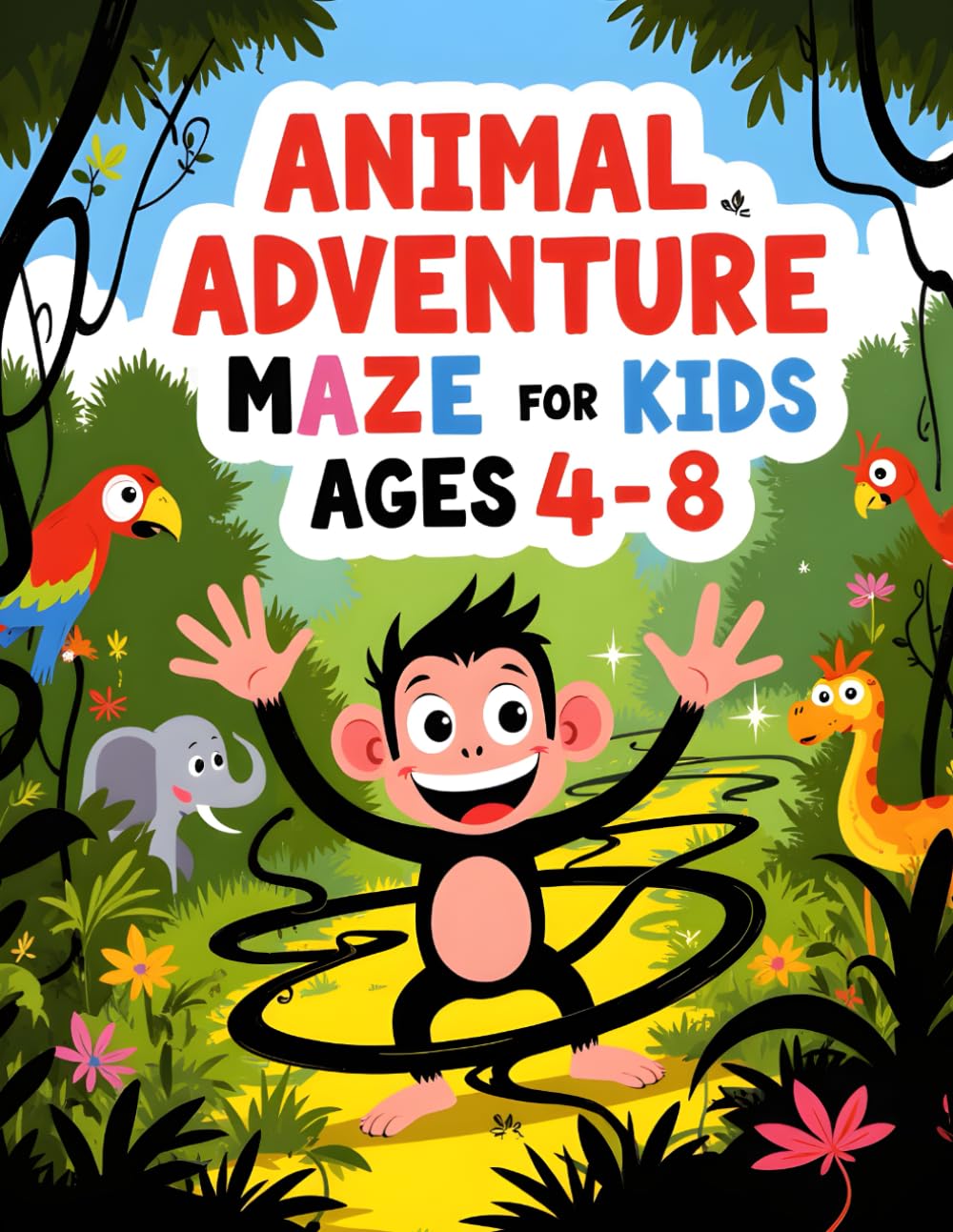 Animal Adventure Mazes for Kids Ages 4-8: 25 Fun Mazes with Solutions: mazes,” “kids,” “ages 4–8,” and “activity book”