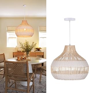 Arturesthome Rattan Chandelier for Kitchen Island,15.72" White Boho Woven Basket Pendant Light,Handmade Wicker Hanging Light for Living Room,Bedroom