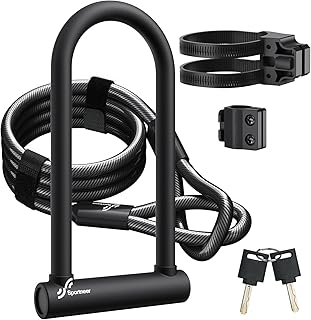 Sportneer Bicycle Lock 18 mm Heavy Duty U-Lock with 180 cm High Security Steel Cable & Sturdy Holder & Key Anti-Theft Secure Locks for Road Bike E-Bike, 29 x 16 cm