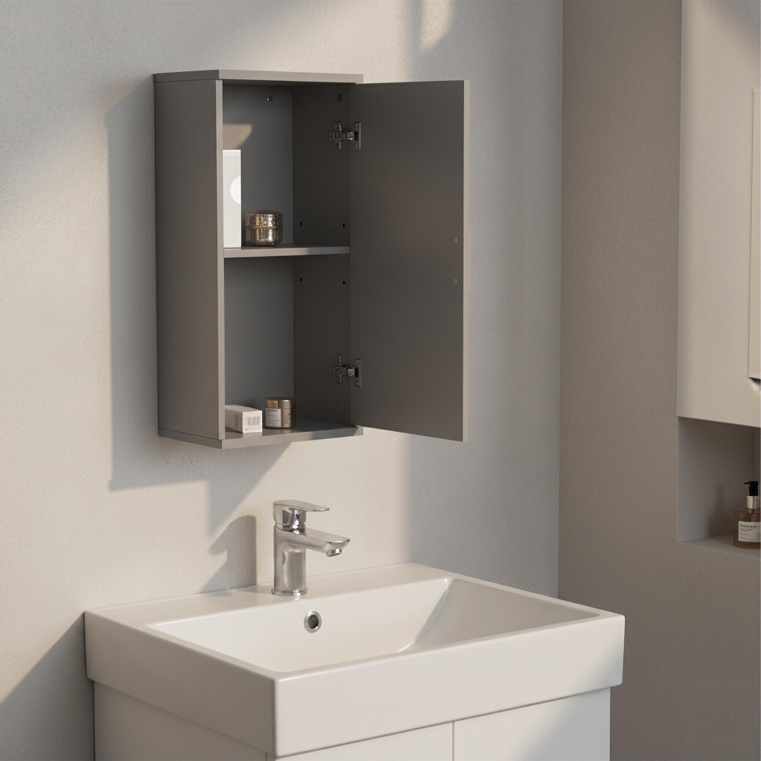 Relaxdays Armoire Suspendue Salle de Bain, 2 Compartiments, H x L x P : 62 x 30 x 21 cm, étagère réglable, MDF, Gris