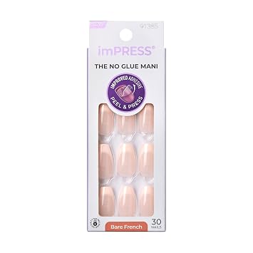 Kiss Impress No Glue Mani Press On Nails, French,#39;Genuine, Light Neutral + White Tip French, Medium Size, Coffin Shape, Includes 30 Nails, Prep Pad, Instructions Sheet, 1 Manicure Stick, 1 Mini File