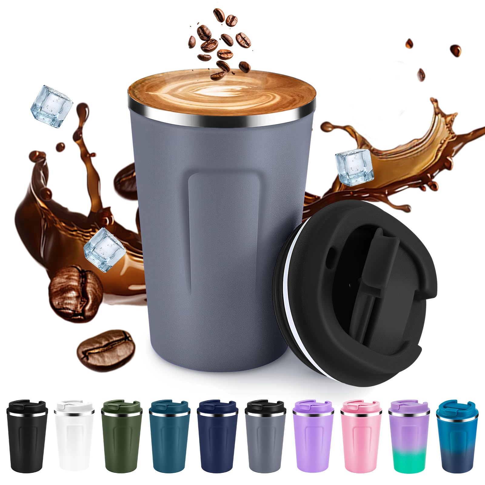 Volhoply 360ml 12oz Double Wall Insulated Vacuum Travel Coffee Mug with Flip Lid,Reusable Stainless Steel Leak Proof Coffee Cup,Iced Cafe Thermal Tumbler Suitable for Hot & Cold Drinks(Gray,1 Set)